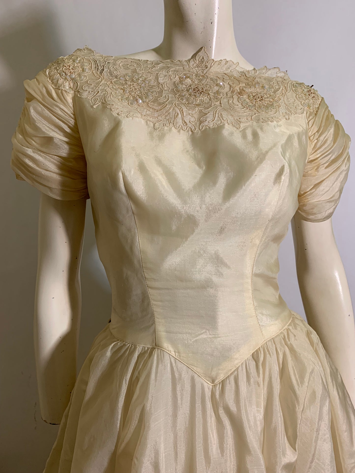Ivory Organza Short Sleeved Sequined Wedding Dress Massive Skirt circa 1950s