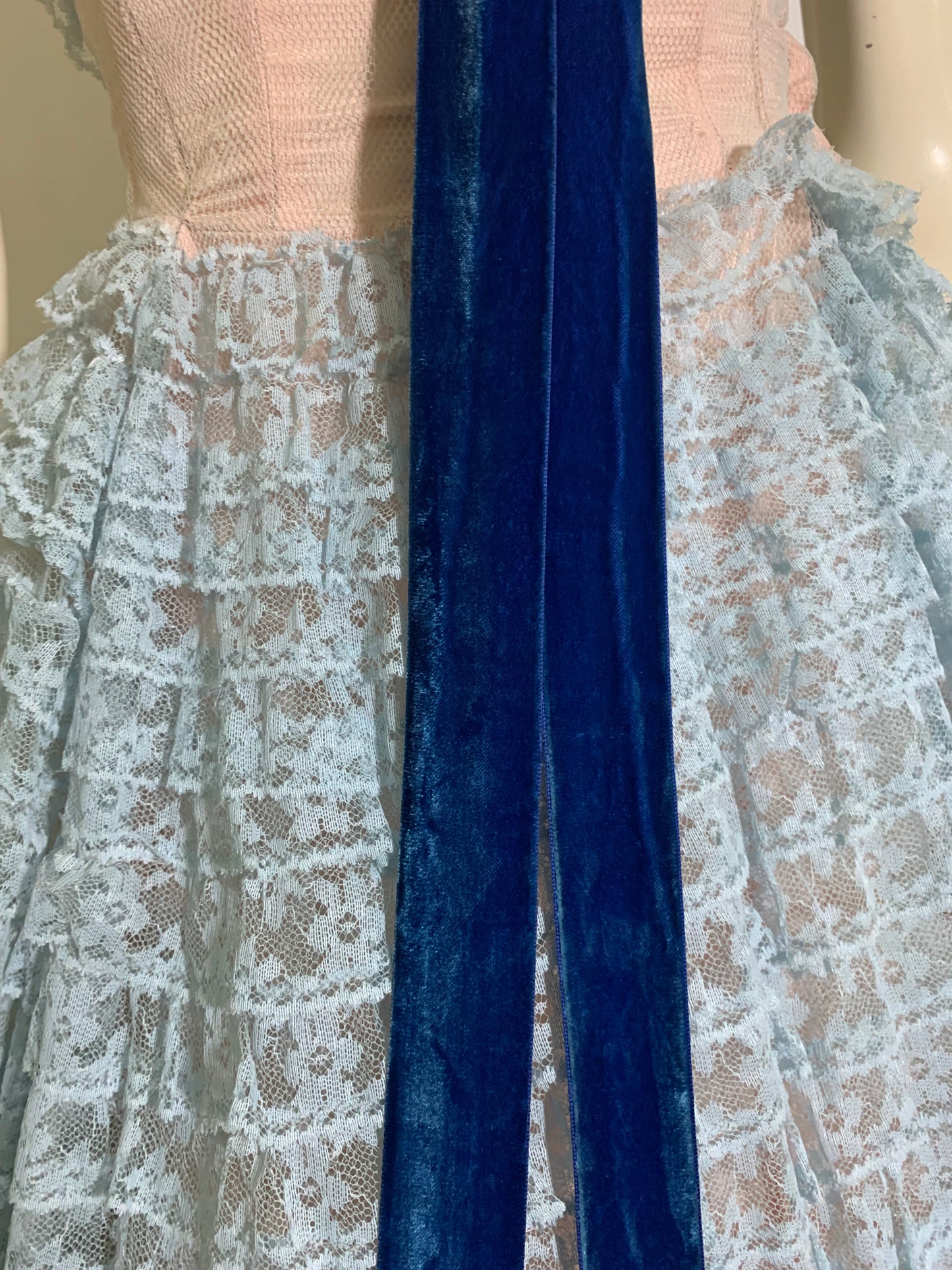 Baby Blue Lace and Tulle Strapless Party Dress Blue Velvet Ribbon circa 1960s