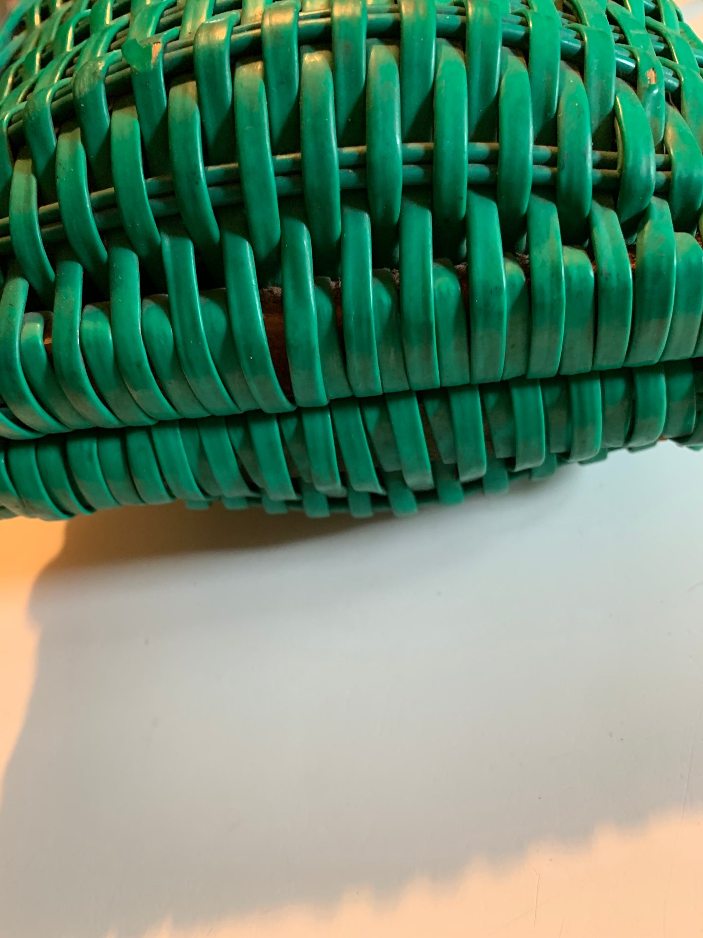 Fresh Green Painted Wicker Handbag Metal Handles Kiss Lock circa 1960s