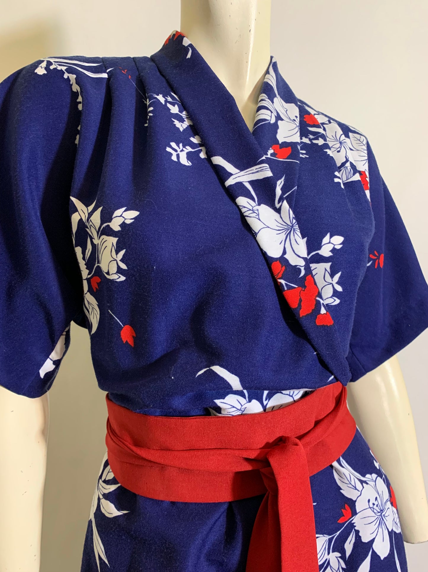 Red and White Hibiscus Print Blue Maxi Dress and Jacket Uniform American Airlines circa 1970s