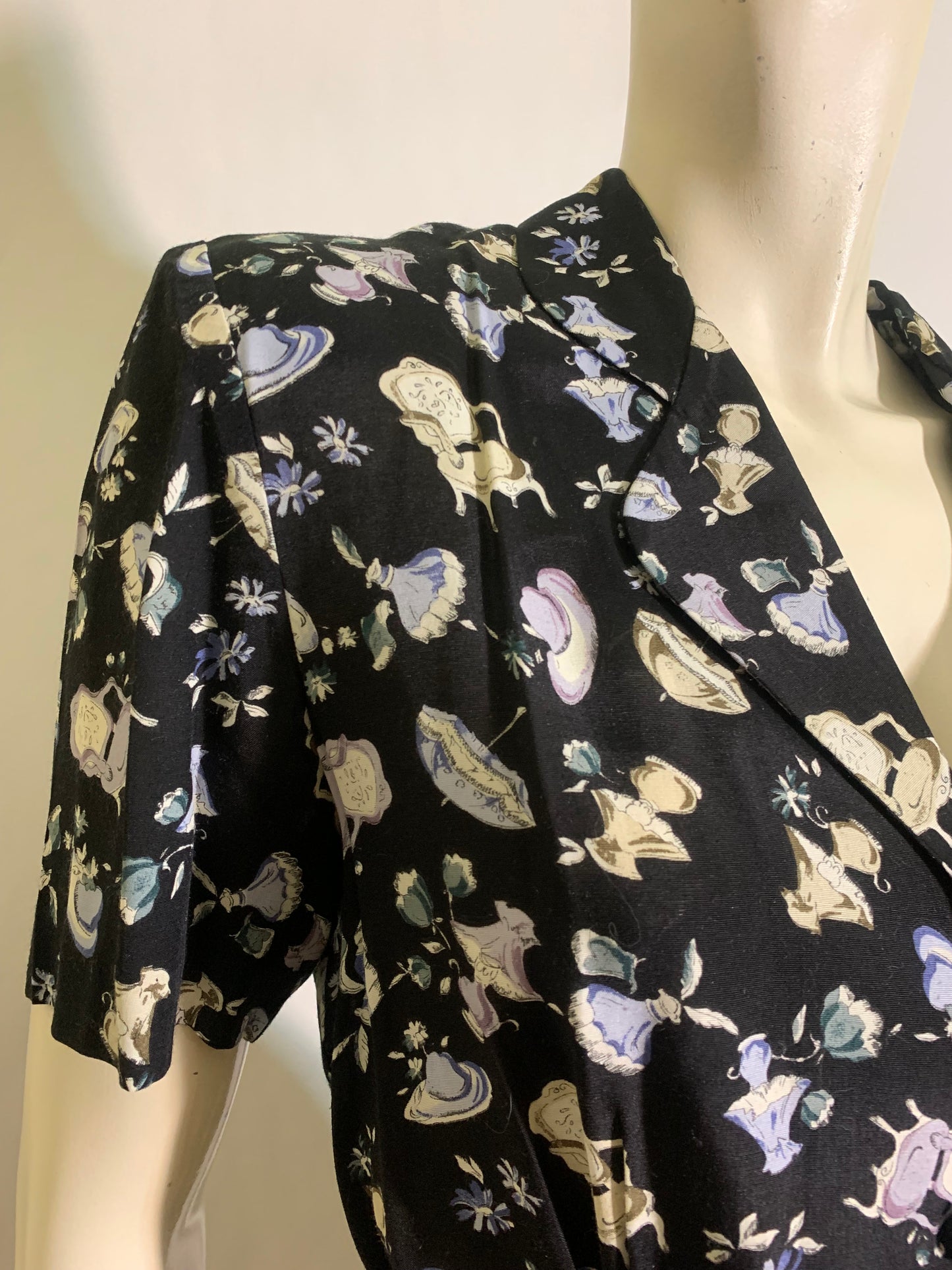 Victorian Lifestyle Novelty Print Rayon 40s Style Dress circa 1980s