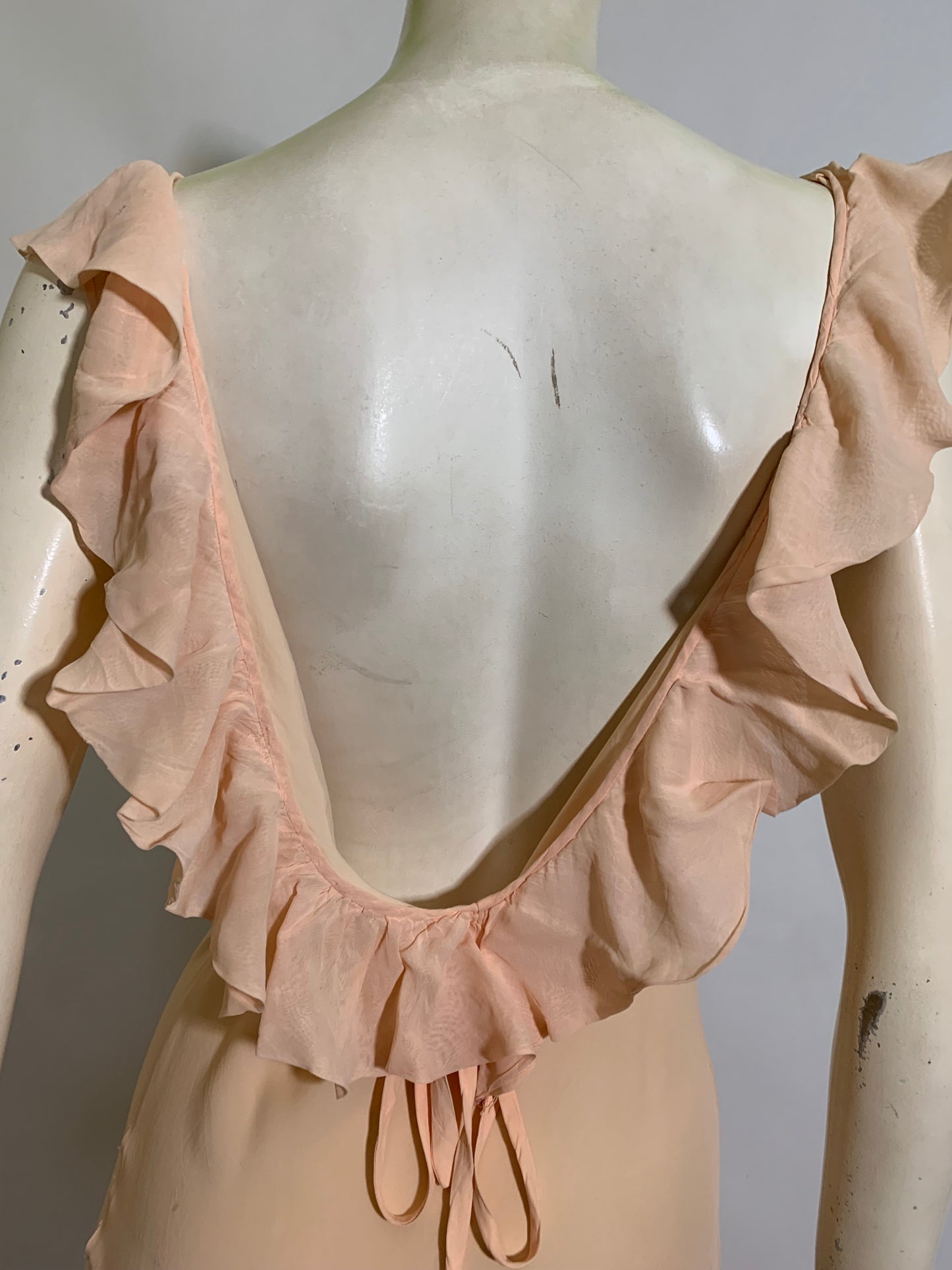 Rare Flirty Low Back Bias Cut Peach Nightgown with Ruffles circa 1930s