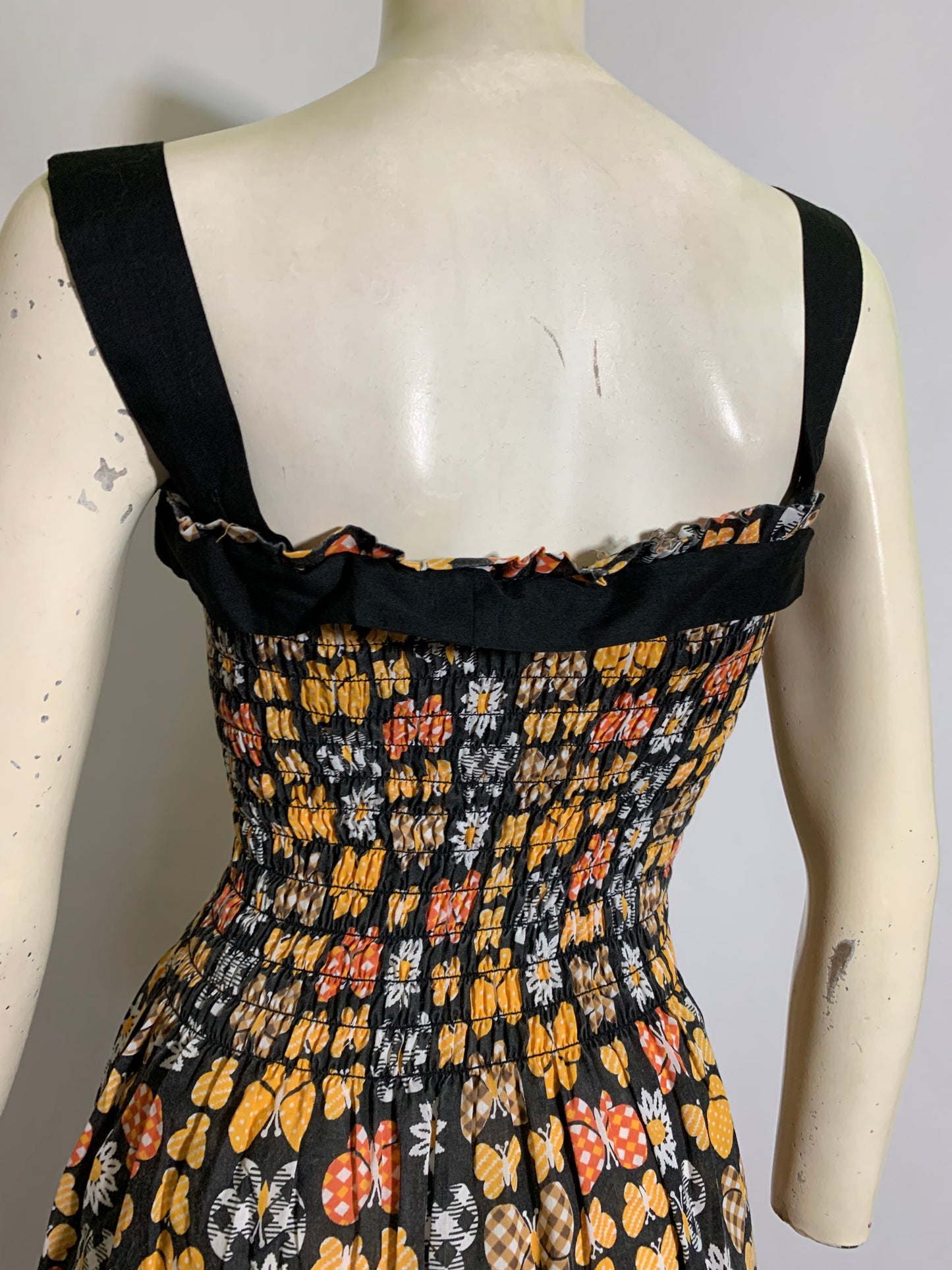 Smocked Bodice Butterfly Print Cotton Sun Dress circa 1970s