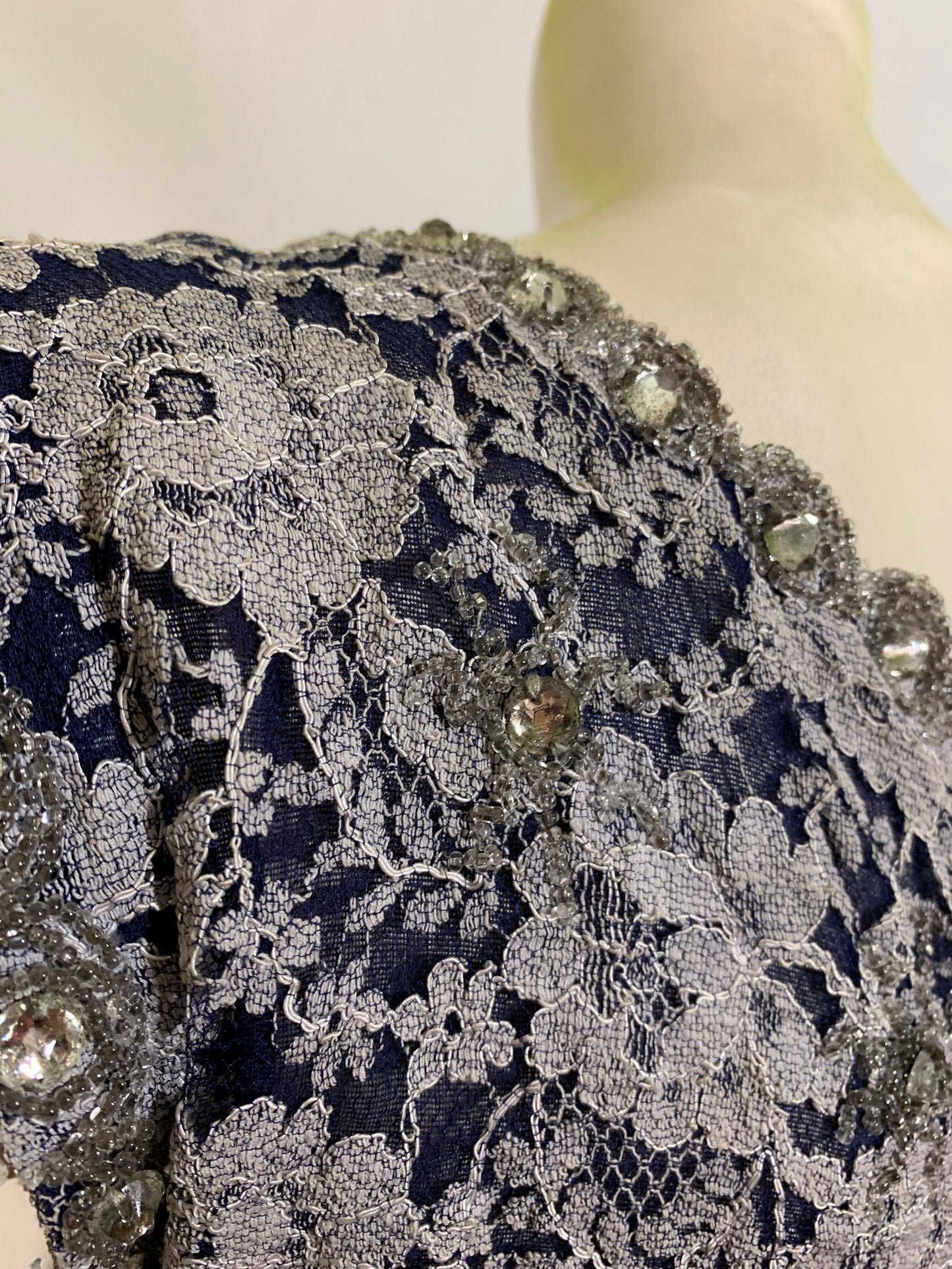 Deep Blue and White Lace Full Skirt Party Dress with Beading and Rhinestones circa 1950s