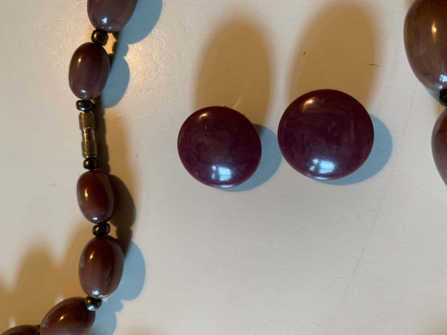Purple Stardust Bakelite Beaded Necklace and Earrings Set circa 1940s