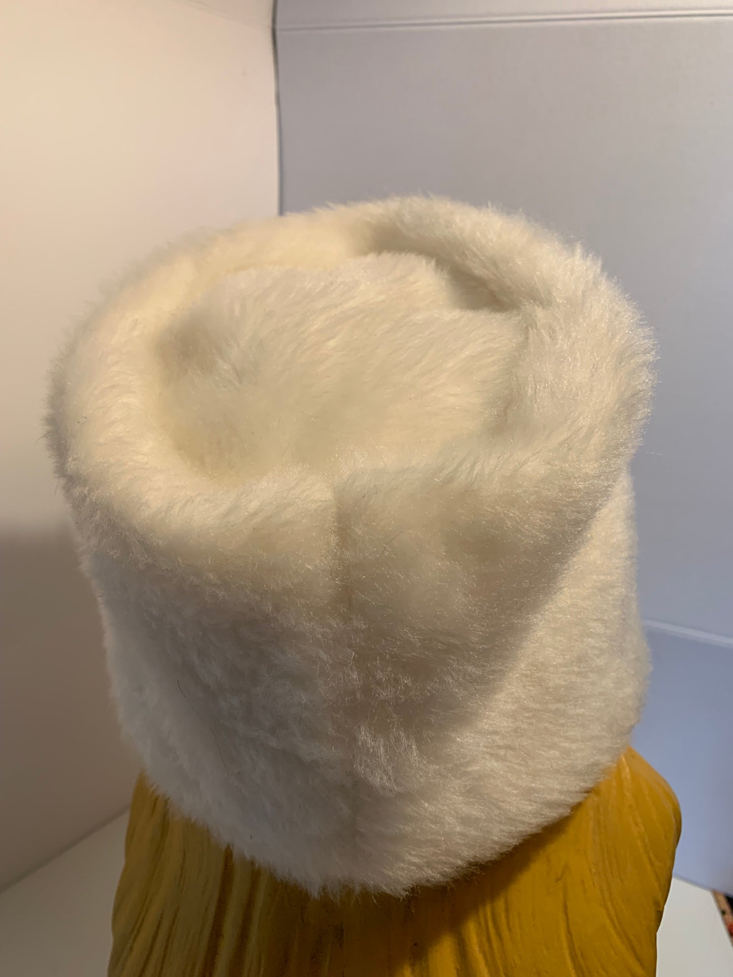 Winter Whit Faux Fur Fez Style Hat with Rhinestones circa 1960s
