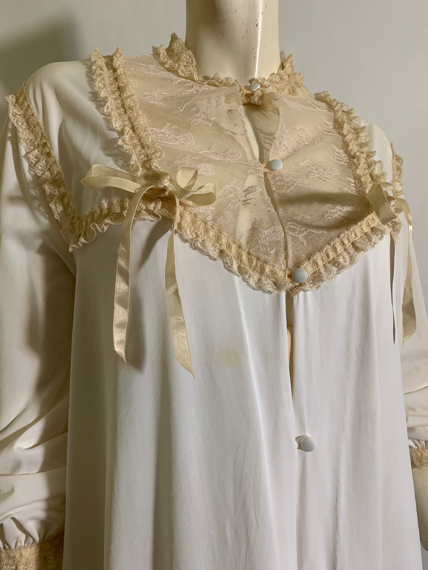 Romantic Porcelain White Nylon Nightgown & Robe Peignoir Set with Ribbons and Lace circa 1970s