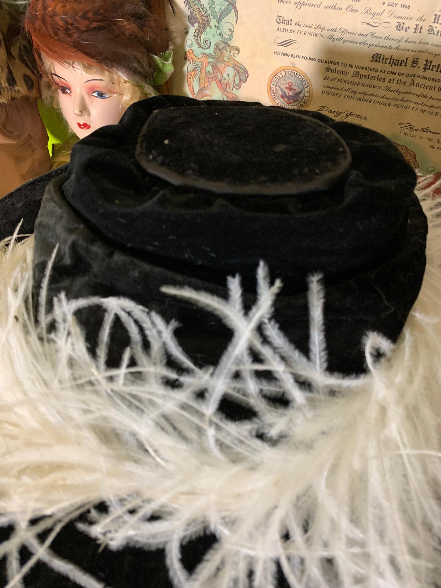 Black Velveteen Wide Brim Hat with Feather circa 1910s