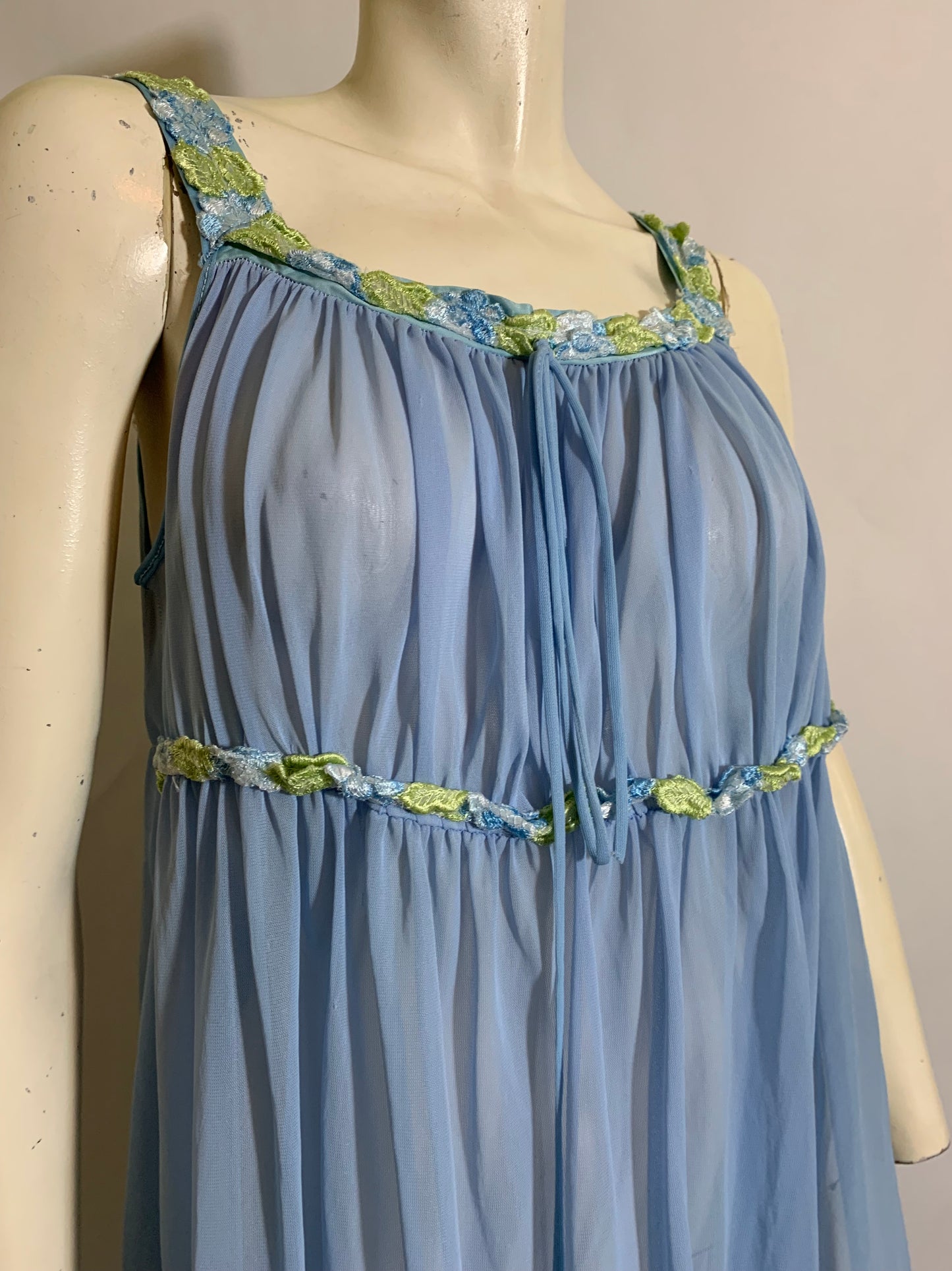 Cornflower Blue Embroidered Floral Ribbon Trimmed Sheer Nylon Nightgown circa 1960s