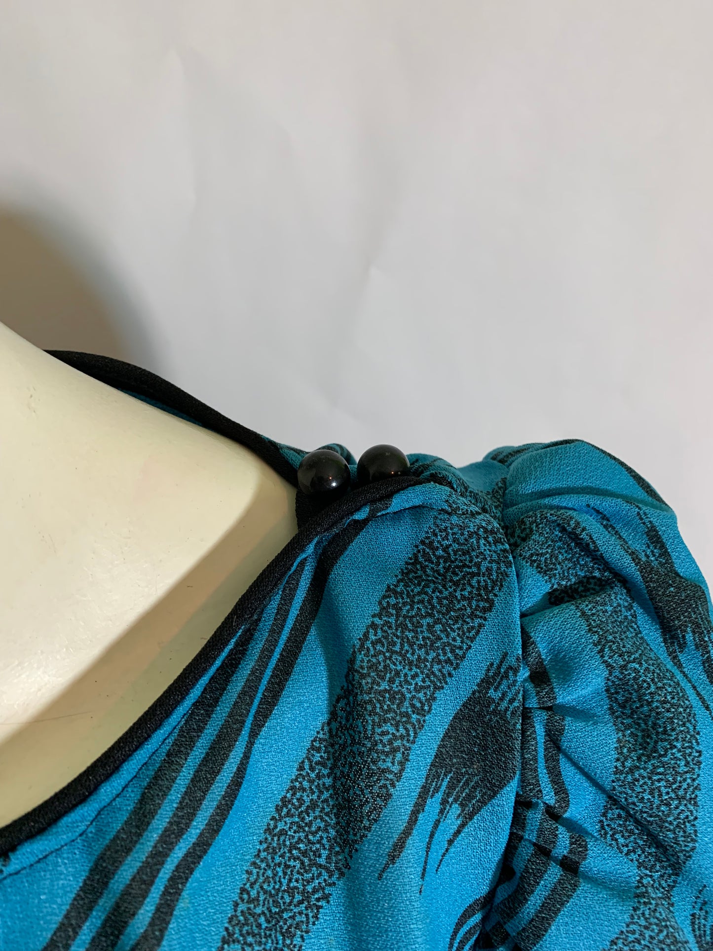 Black and Turquoise Nylon Blouson Bodice Dress circa 1980s