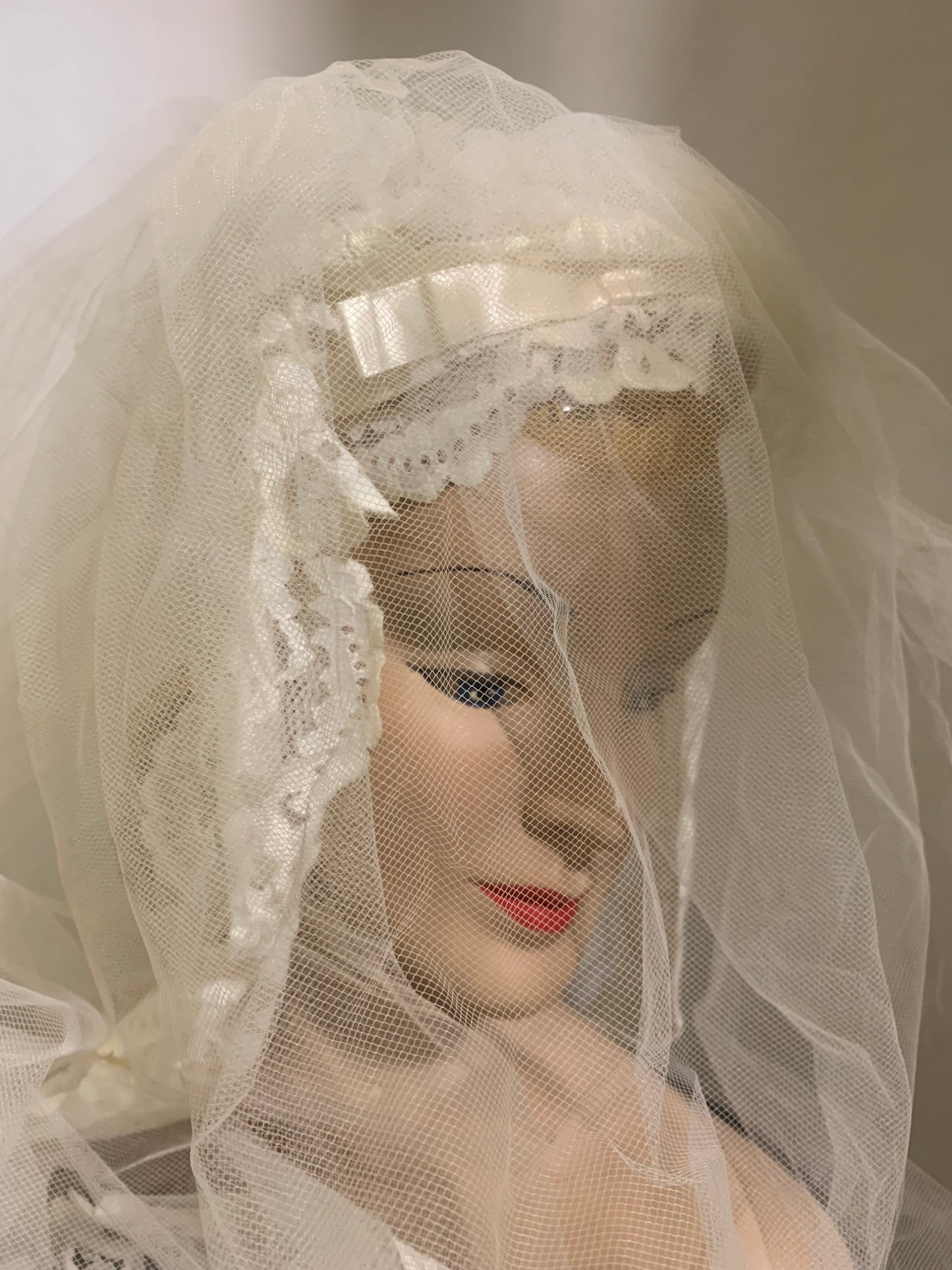 Regency Inspired Empire Waist Lace Trimmed Wedding Dress & Long Veil circa 1960s