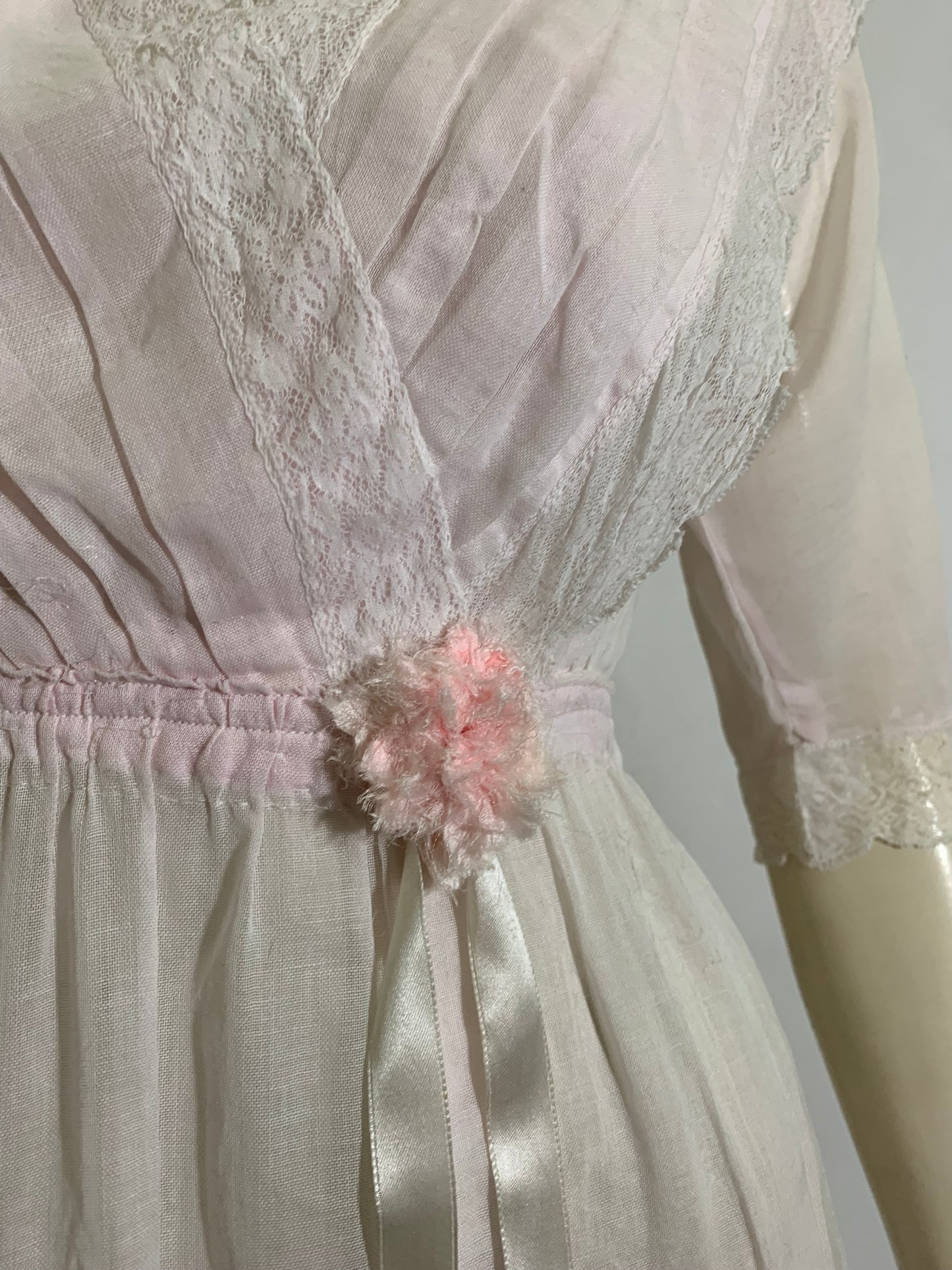 Palest Petal Pink Semi-Sheer Pink Cotton Edwardian Dress with Rosettes and Ribbon circa 1910s