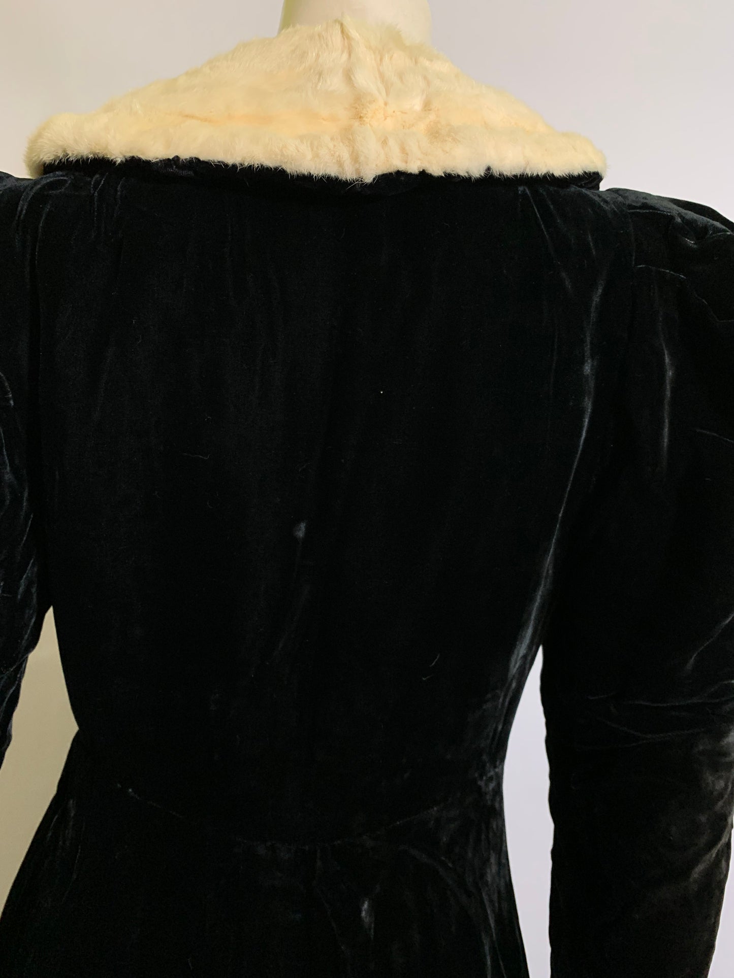 Iconic Black Velvet Princess Line Opera Coat with Ermine Collar circa 1930s