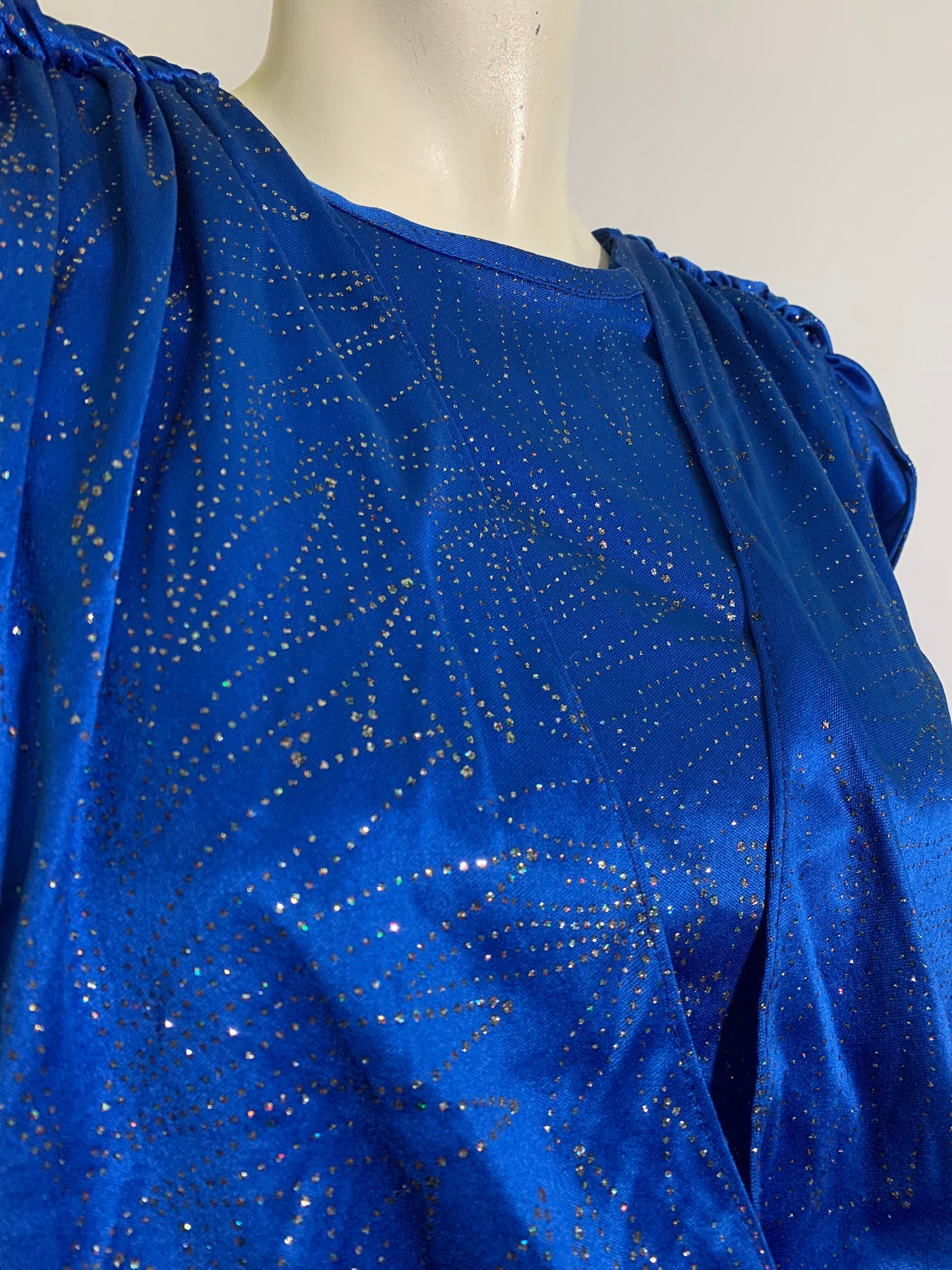 Glittery Royal Blue Draped Disco Dress Low Back circa 1980s