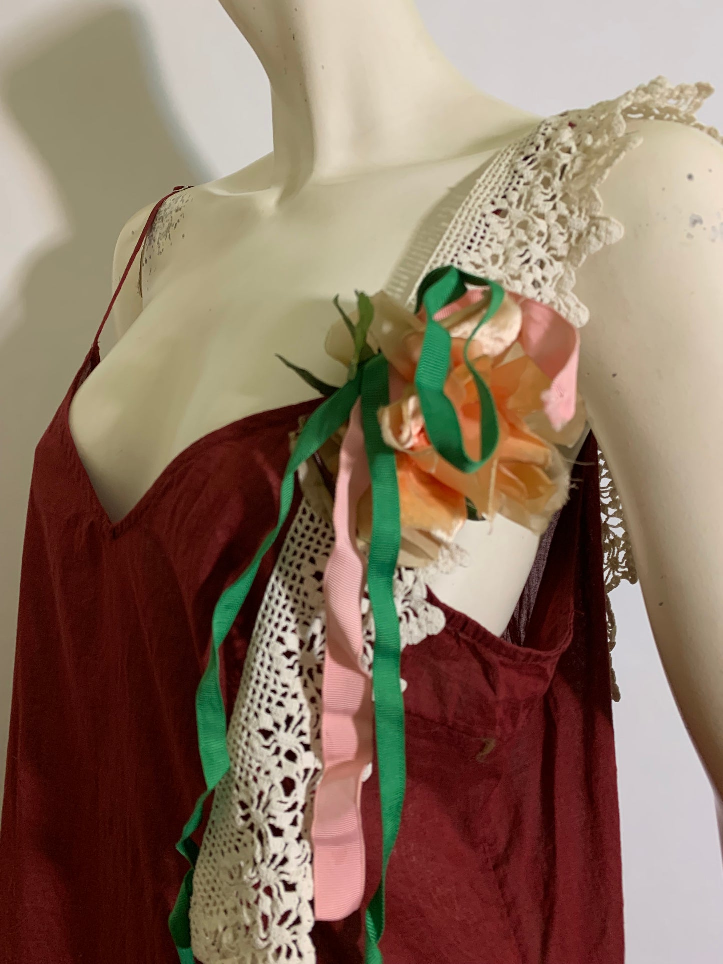 Pageant Girl Wine Reimagined Cotton Slip Dress with Vintage Millinery, Lace and Ribbons