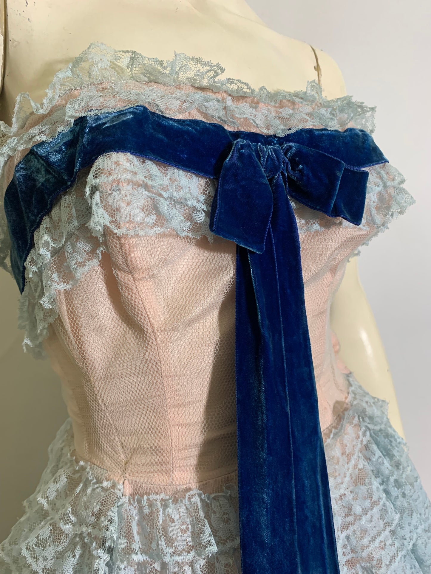 Baby Blue Lace and Tulle Strapless Party Dress Blue Velvet Ribbon circa 1960s