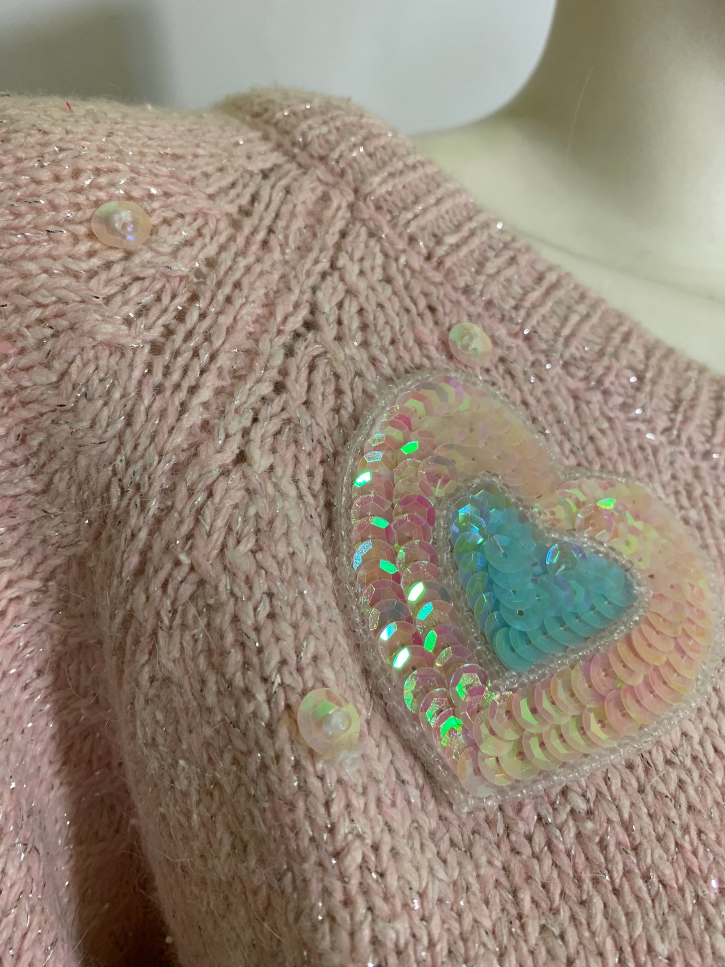 Baby Pink Angora Blend Sweater with Metallic Threads and Pastel Sequin Hearts circa 1980s