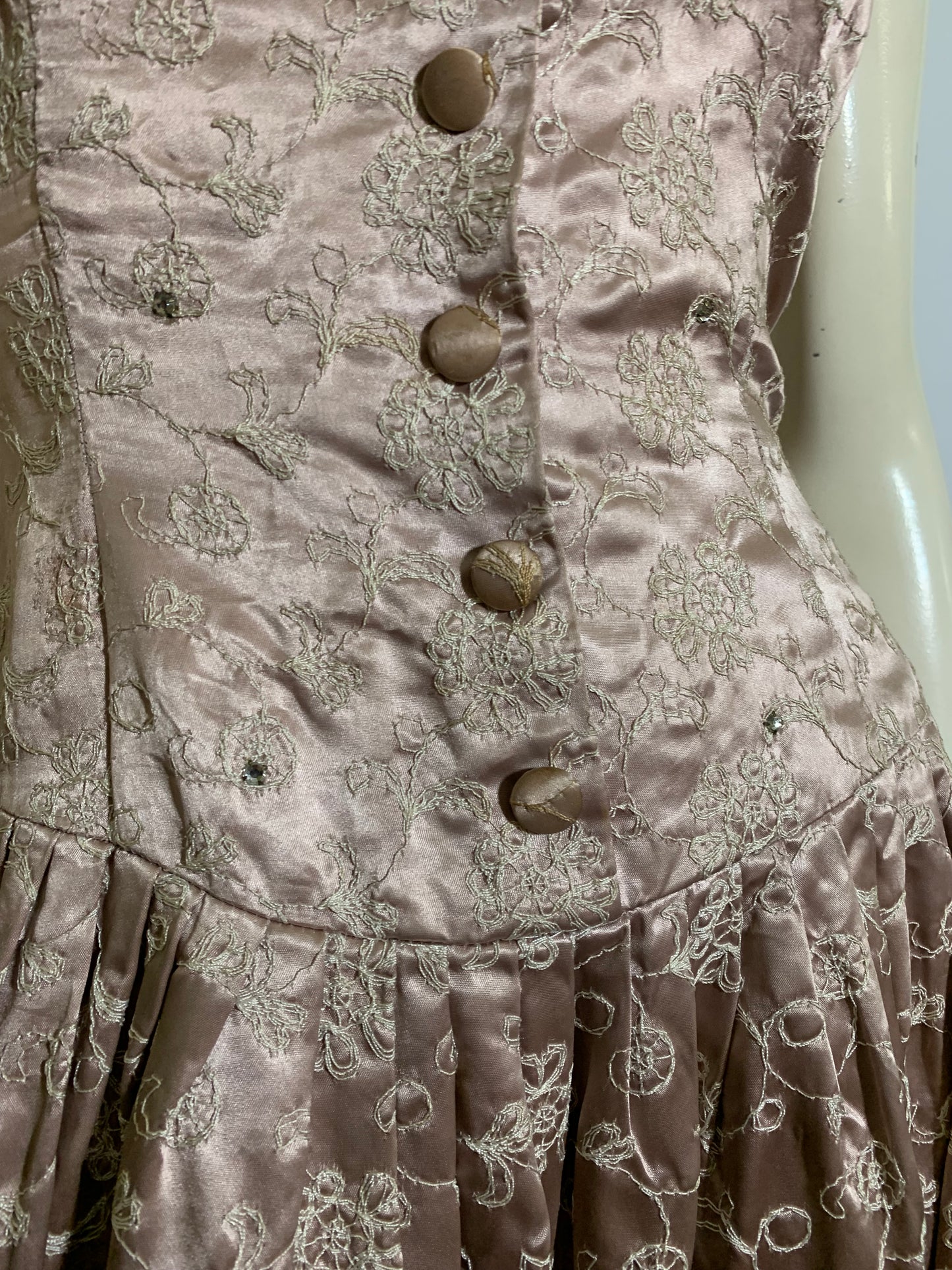 Antique Pale Pink Satin Embroidered Party Dress with Rhinestones circa 1950s