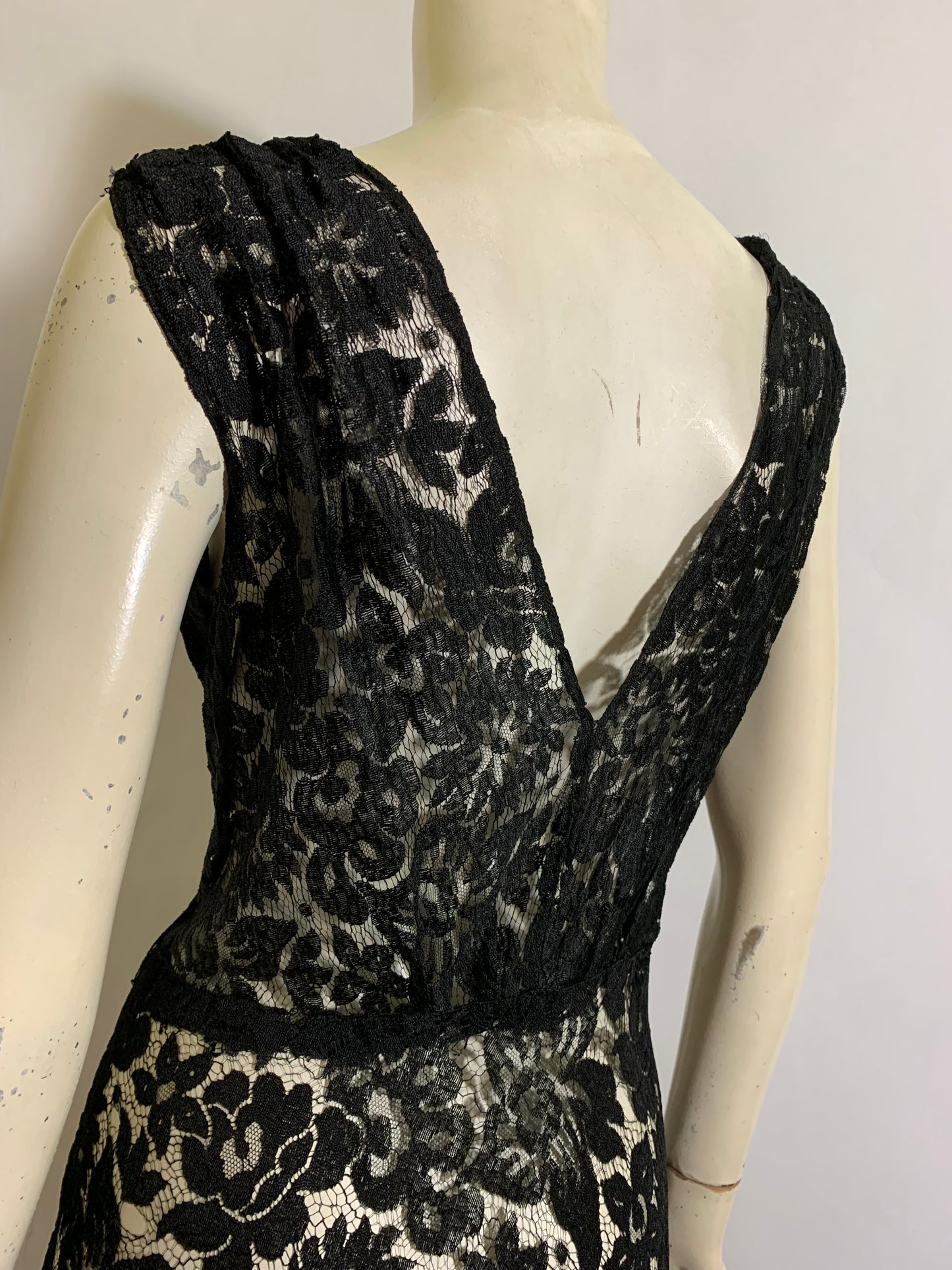 Sultry Black Lace Full Length Evening Dress with Silk Flowers, Butterfly and Ribbon circa 1930s