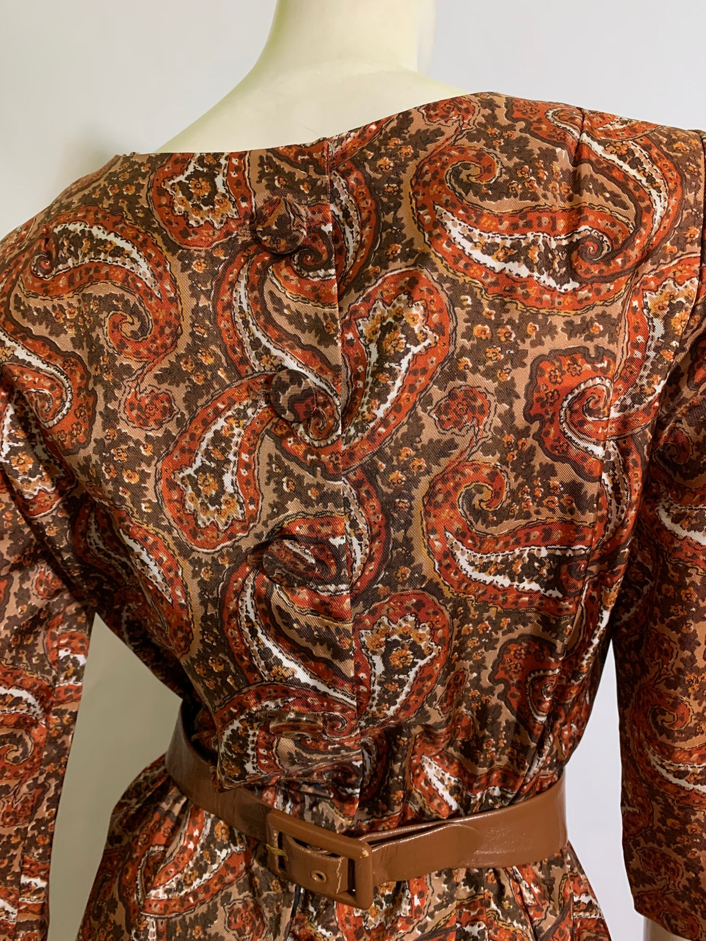 Acorn Brown & Orange Paisley Print Button Back Dress circa 1960s