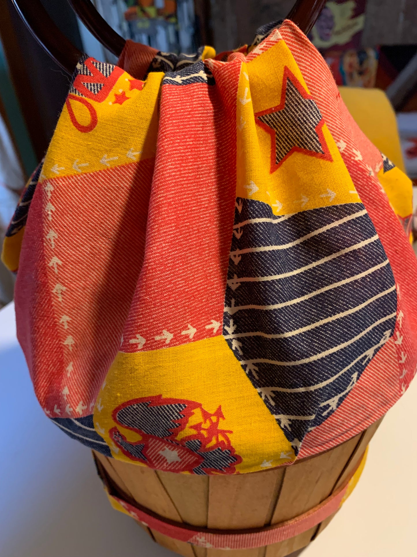 Bicentennial Novelty Print Sewing Basket Bag Liberty Bell Eagles circa 1970s