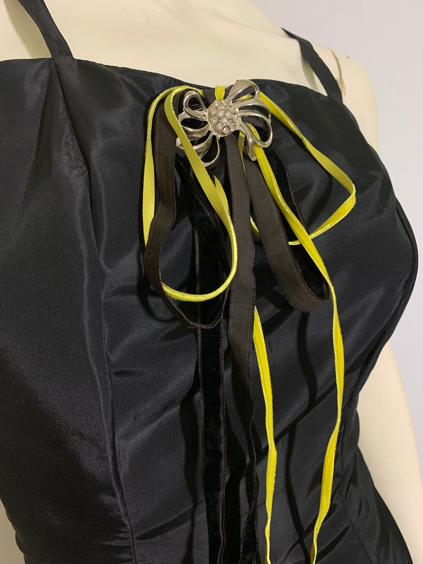 Panther Black Taffeta Evening Dress and Jacket Acid Green and Black Velvet Ribbons circa 1930s