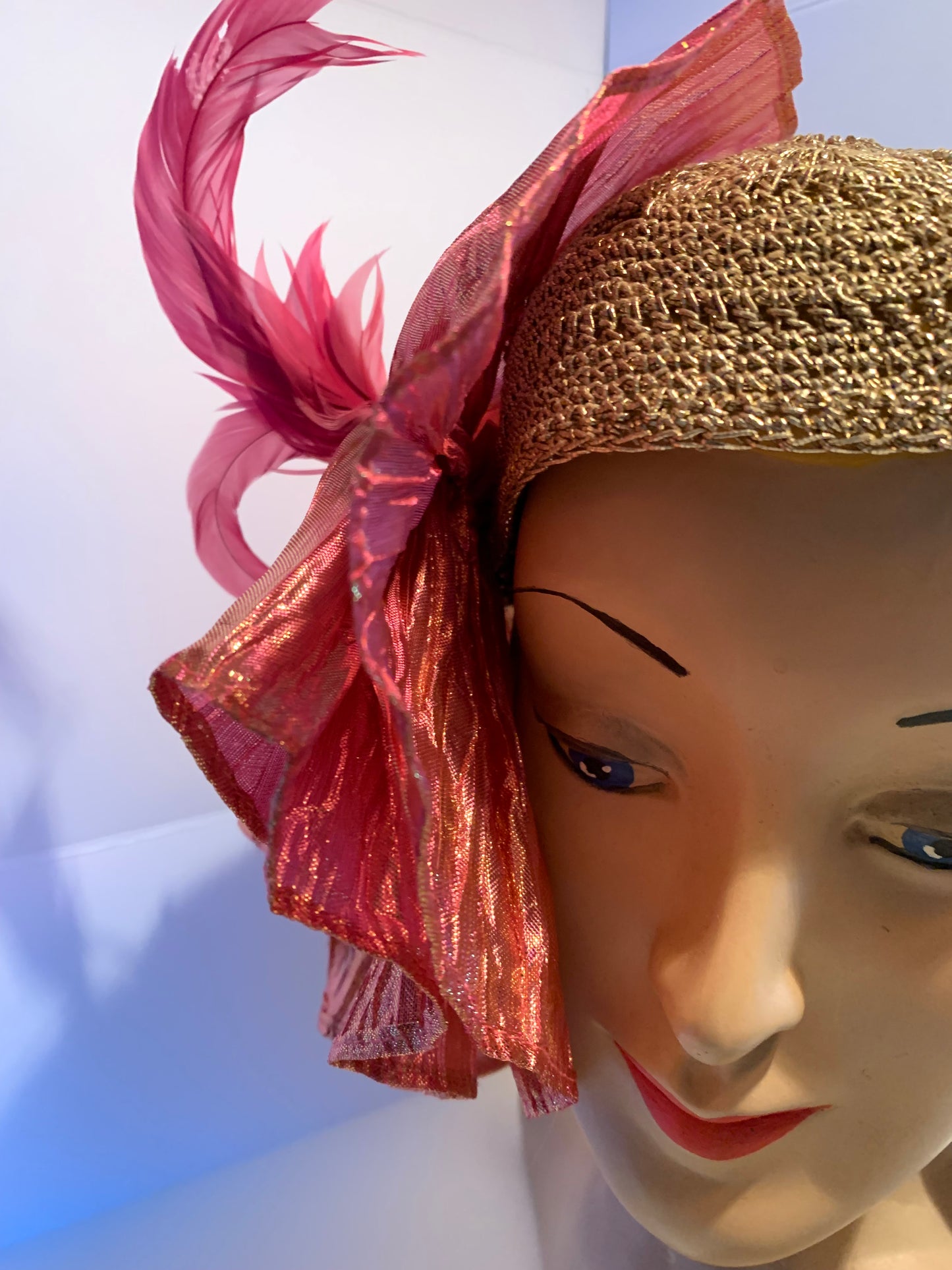 Limelight Reimagined 1930s Gold Metallic Hat with Iridescent Pink Fan Pleats and Feathers
