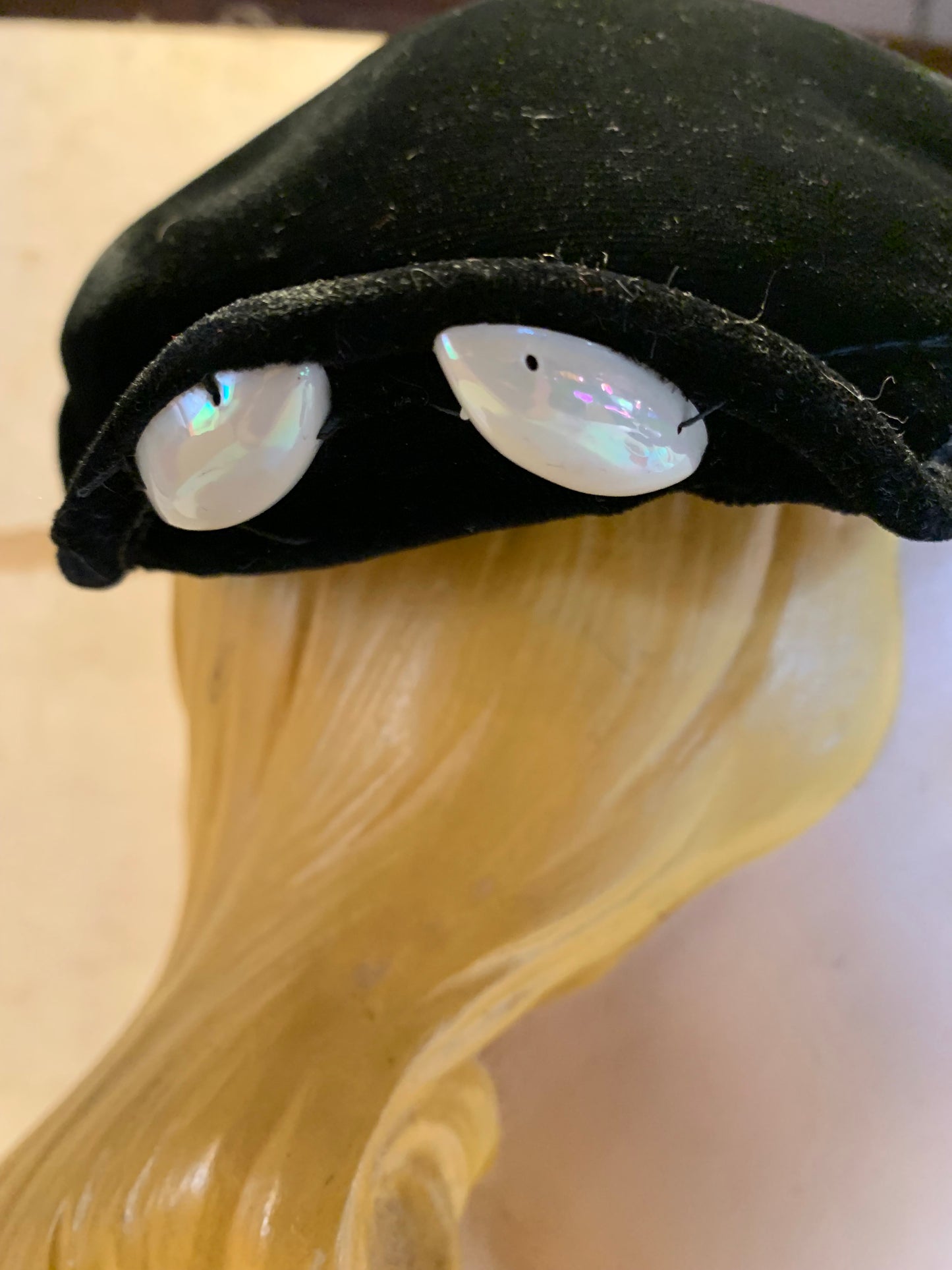 Black Velvet Cocktail Hat with Winged Sides and Pearlescent Beads circa 1950s