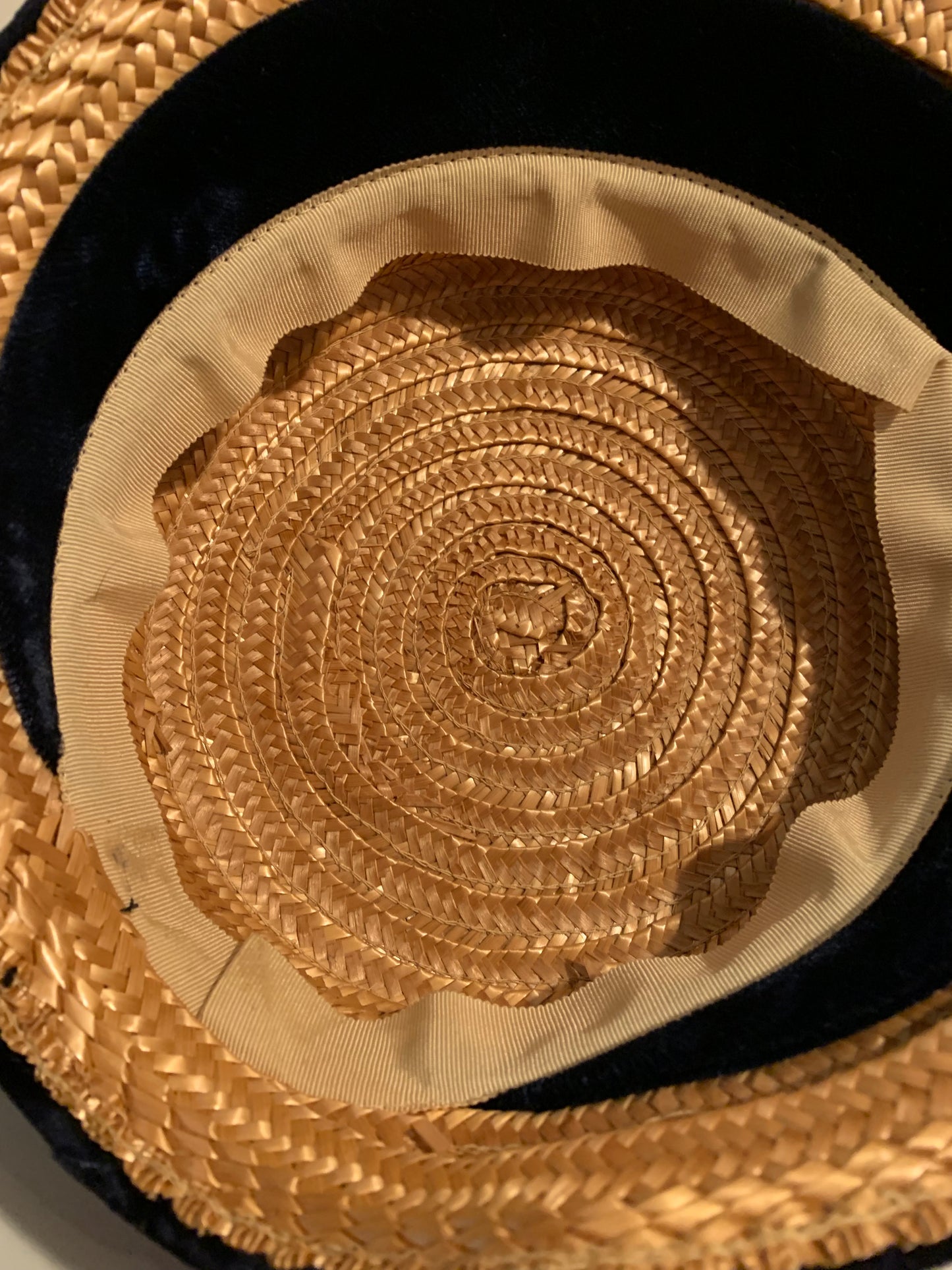 Braided Weave Straw Bonnet Inspired Hat with Black Velvet circa 1940s