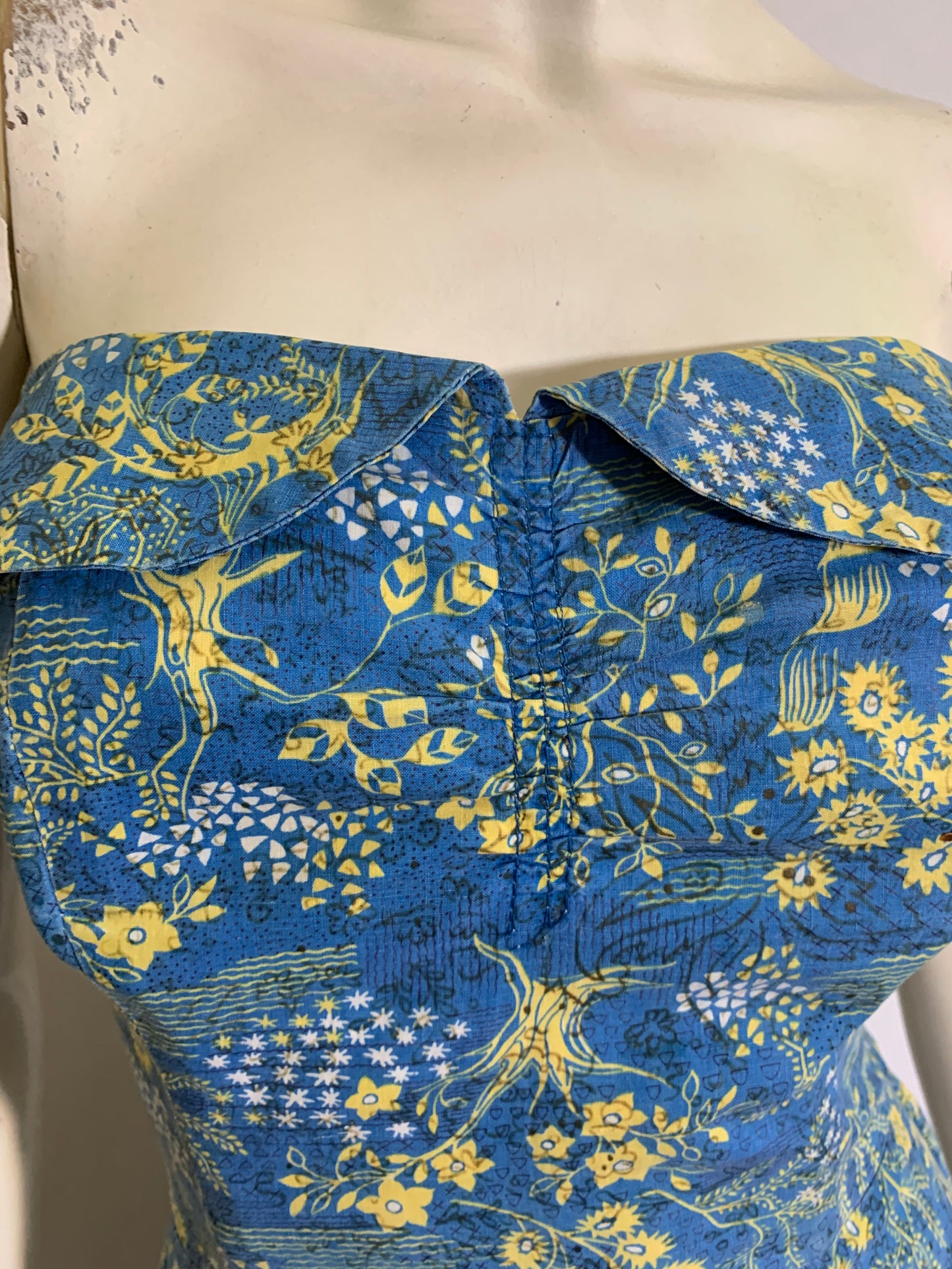 Rare Blue Toile Hawaiian Surf Label Strapless Dress and Bolero circa 1940s