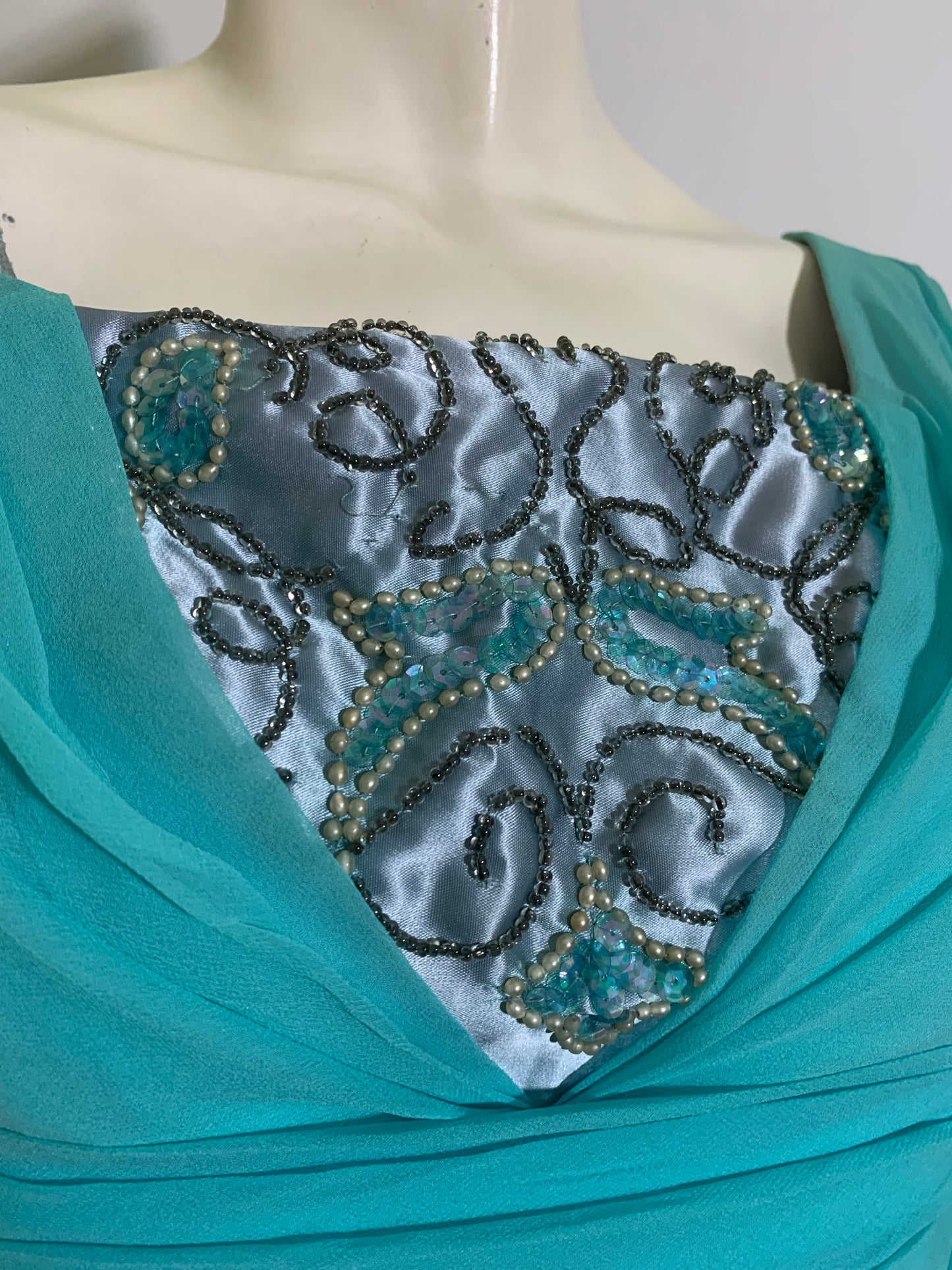 Turquoise Silk Chiffon Skirted Dress with Beading and Sequins circa 1960s