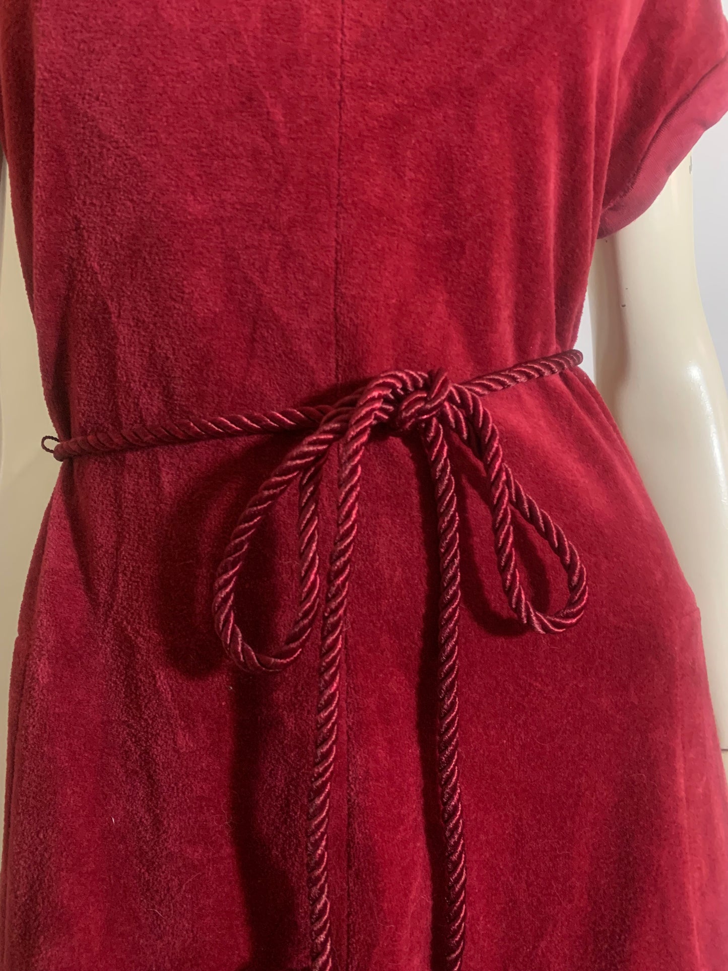Burgundy Velour Dress with Cord Sash and Pockets circa 1980s
