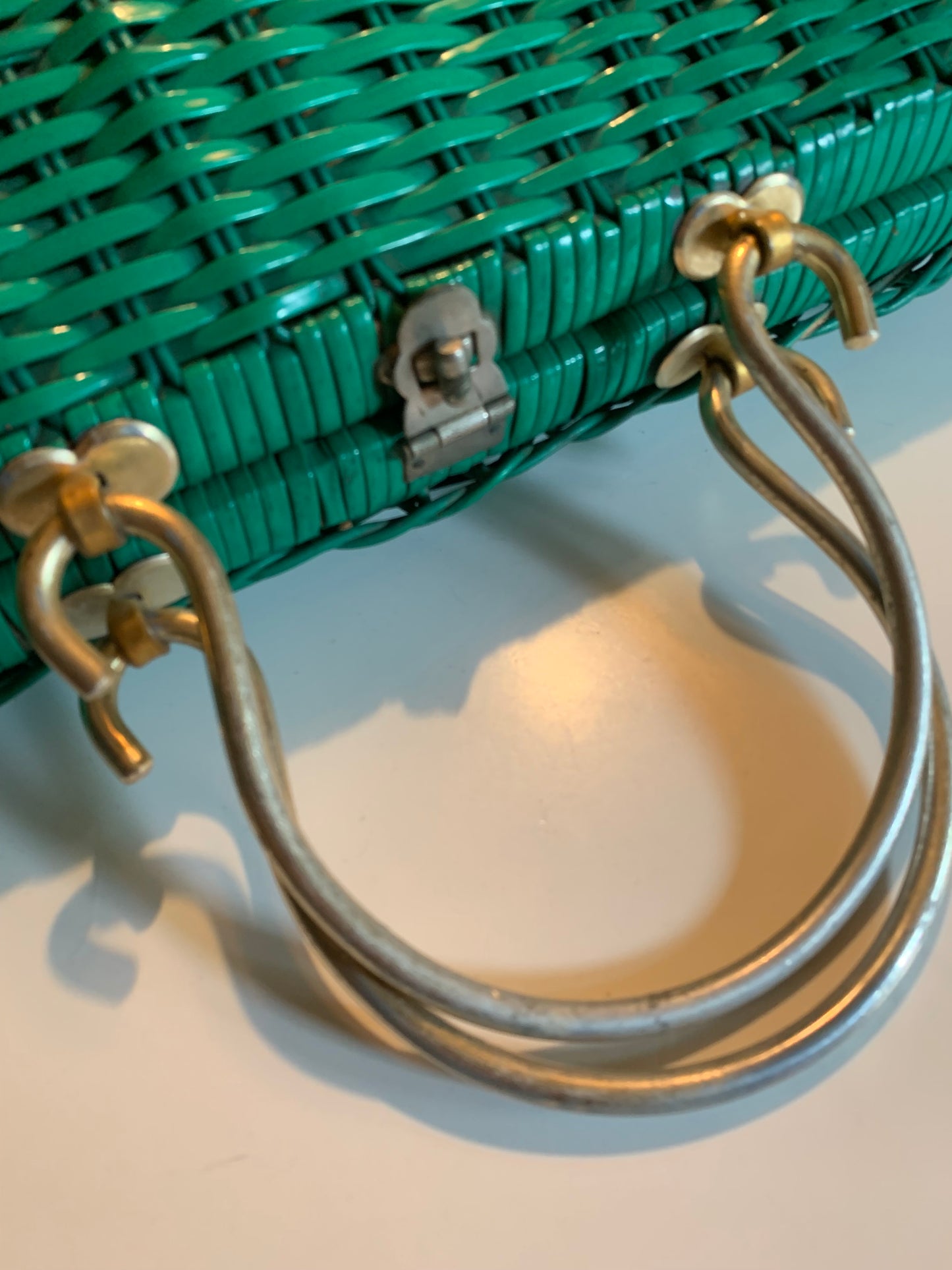Fresh Green Painted Wicker Handbag Metal Handles Kiss Lock circa 1960s