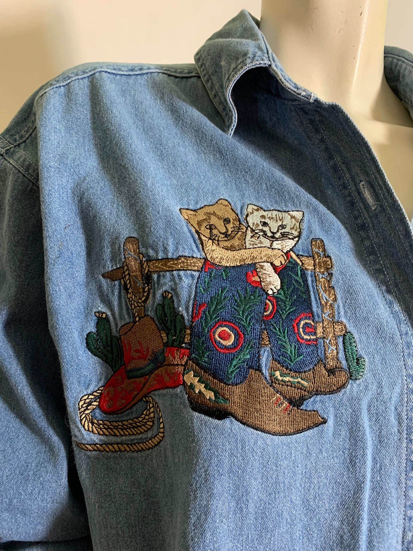 Cowboy Kitties! Blue Denim Button Down Top with Embroidered Western Cats circa 1990s