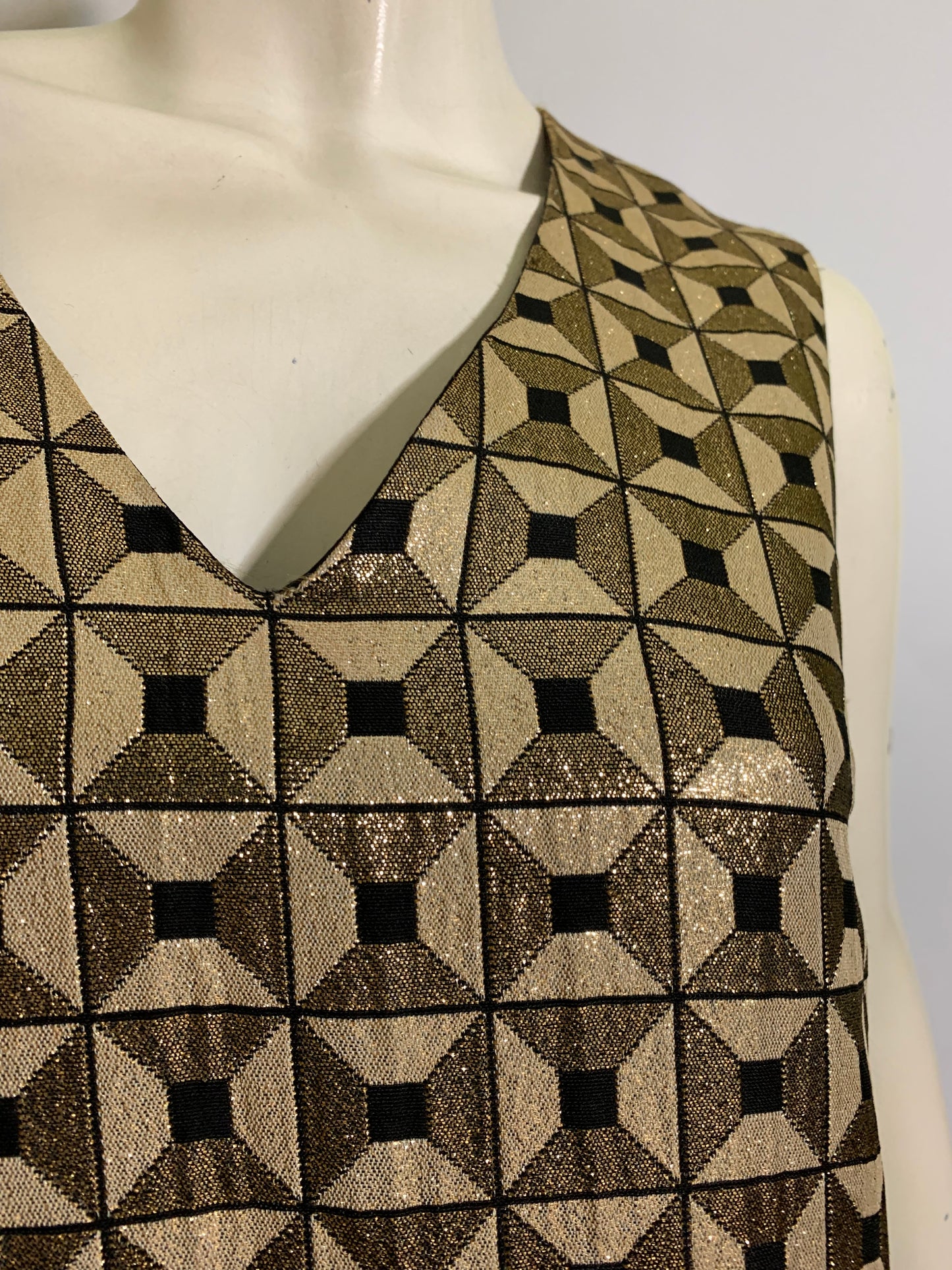 20s Inspired Gold and Black Metallic Bodice Mini Dress Pleated Skirt circa 1960s