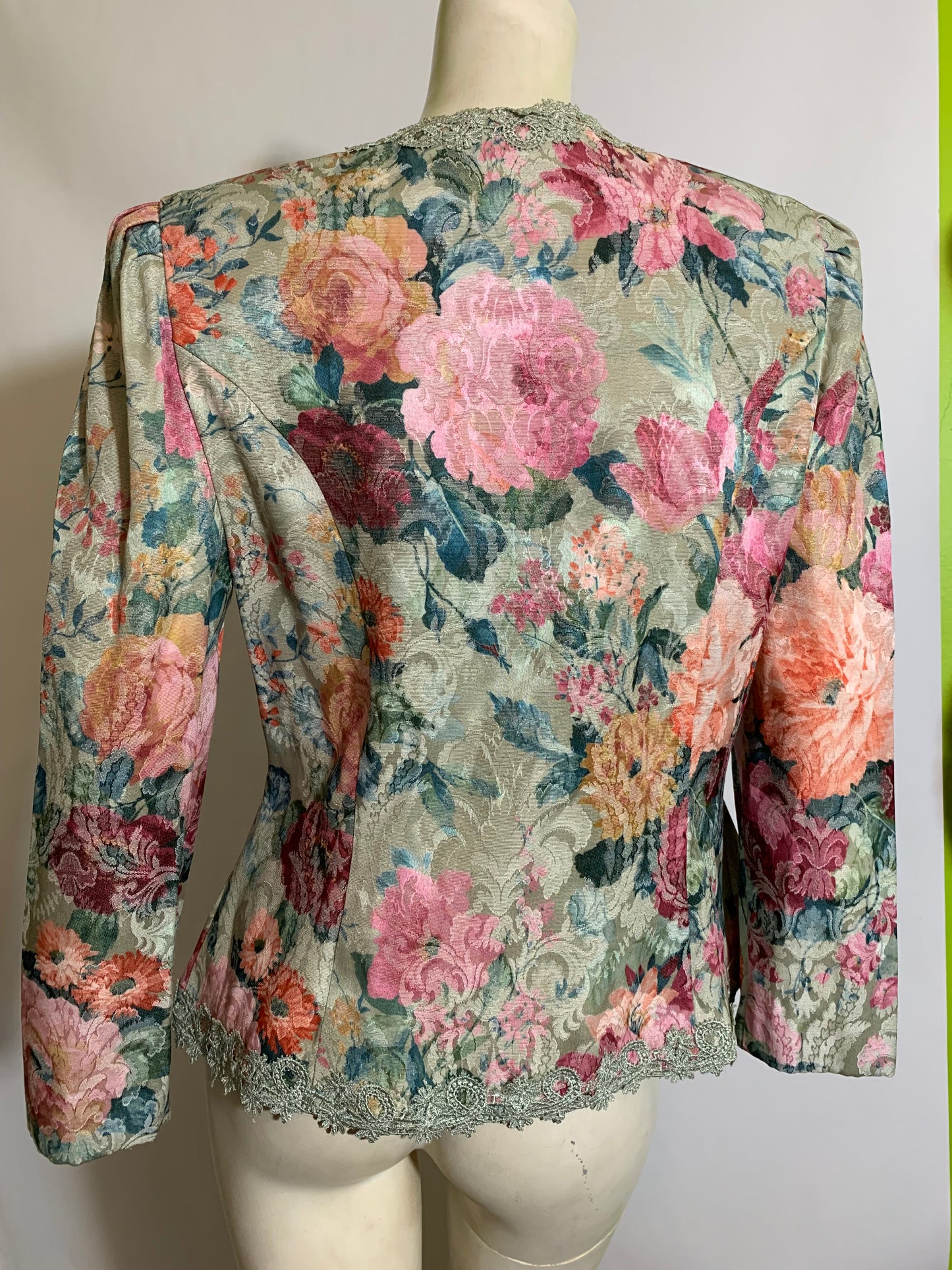 Victorian Inspired Pastel Floral Weave Sculpted Jacket circa 1980s