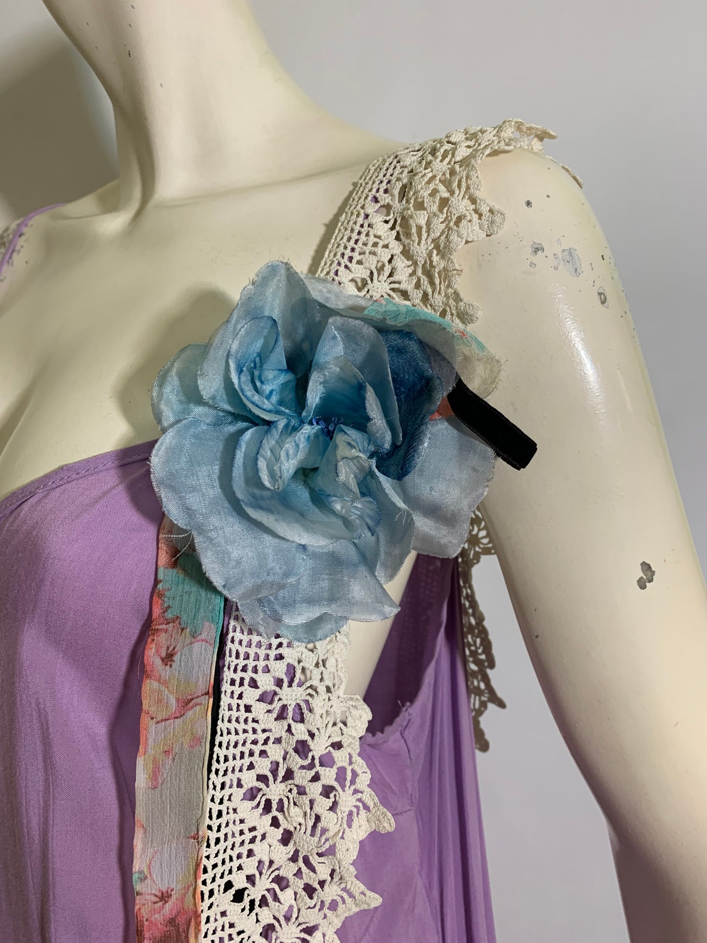 Pageant Girl Lavender Reimagined Cotton Slip Dress with Vintage Millinery, Lace and Ribbons