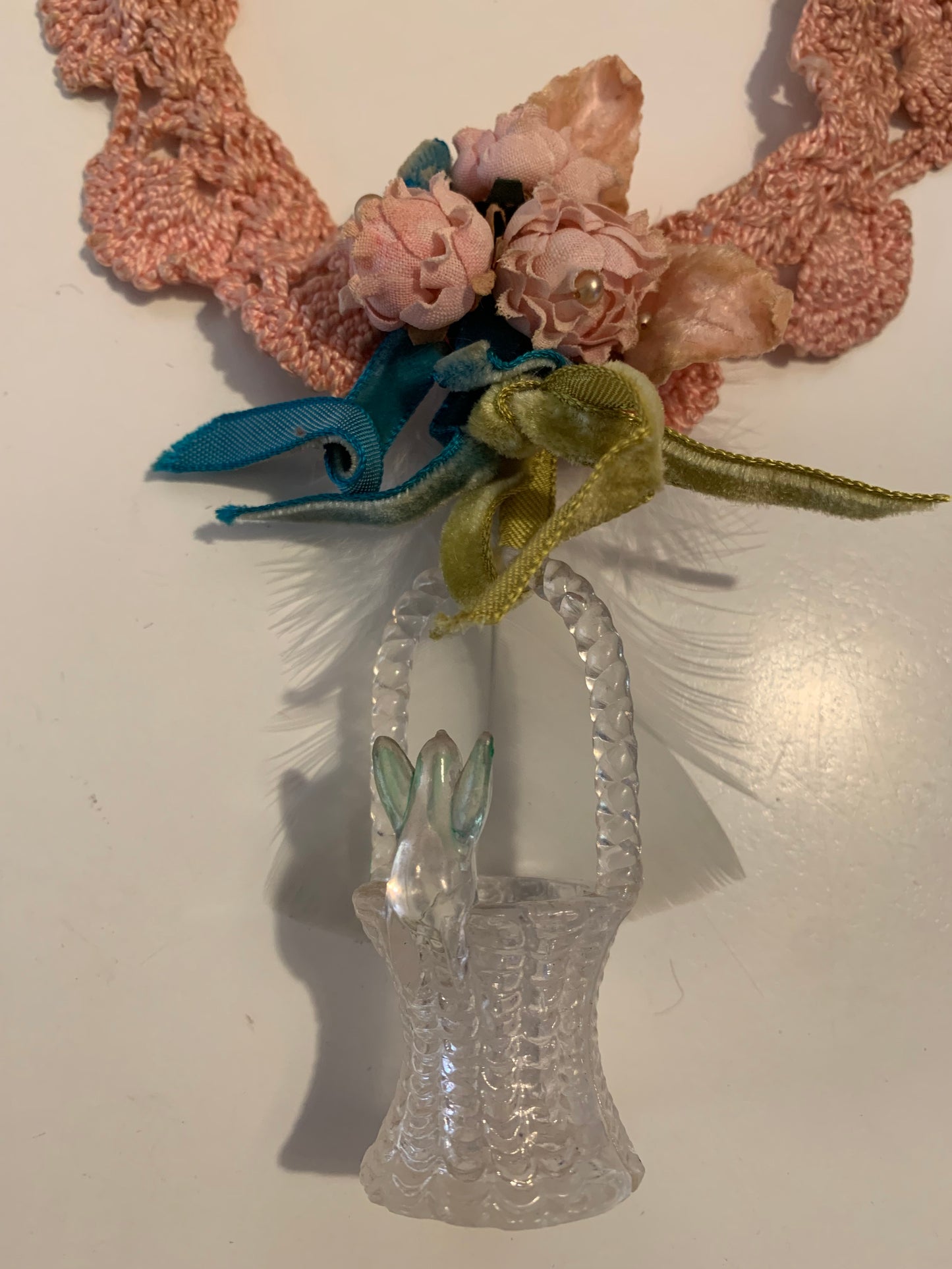 Faith is a Bluebird Reimagined Antique Crocheted Choker Necklace with Flowers and Bluebird on Basket