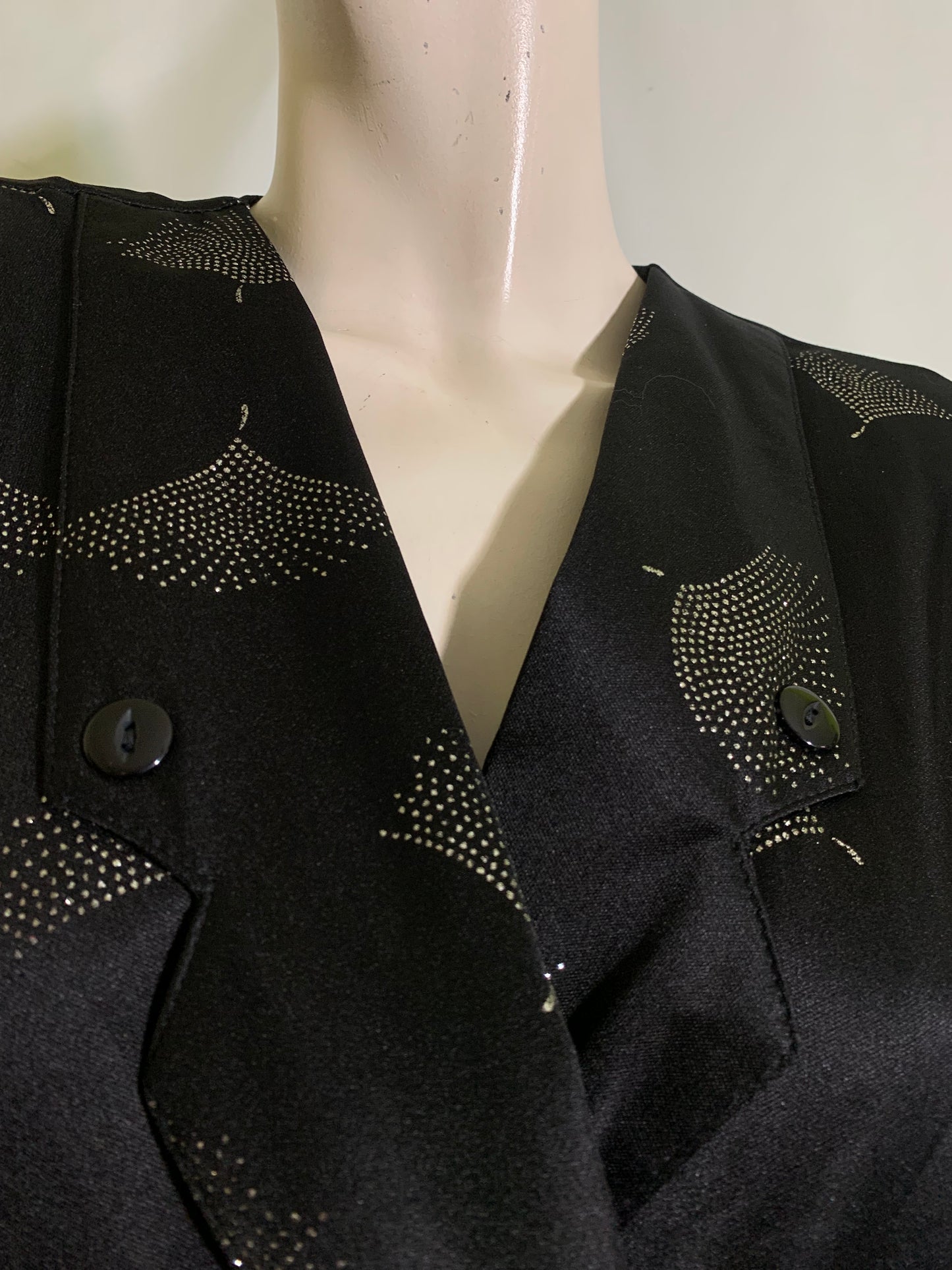 Black Nylon Slinky Disco Dress with Silver Art Deco Design circa 1980s