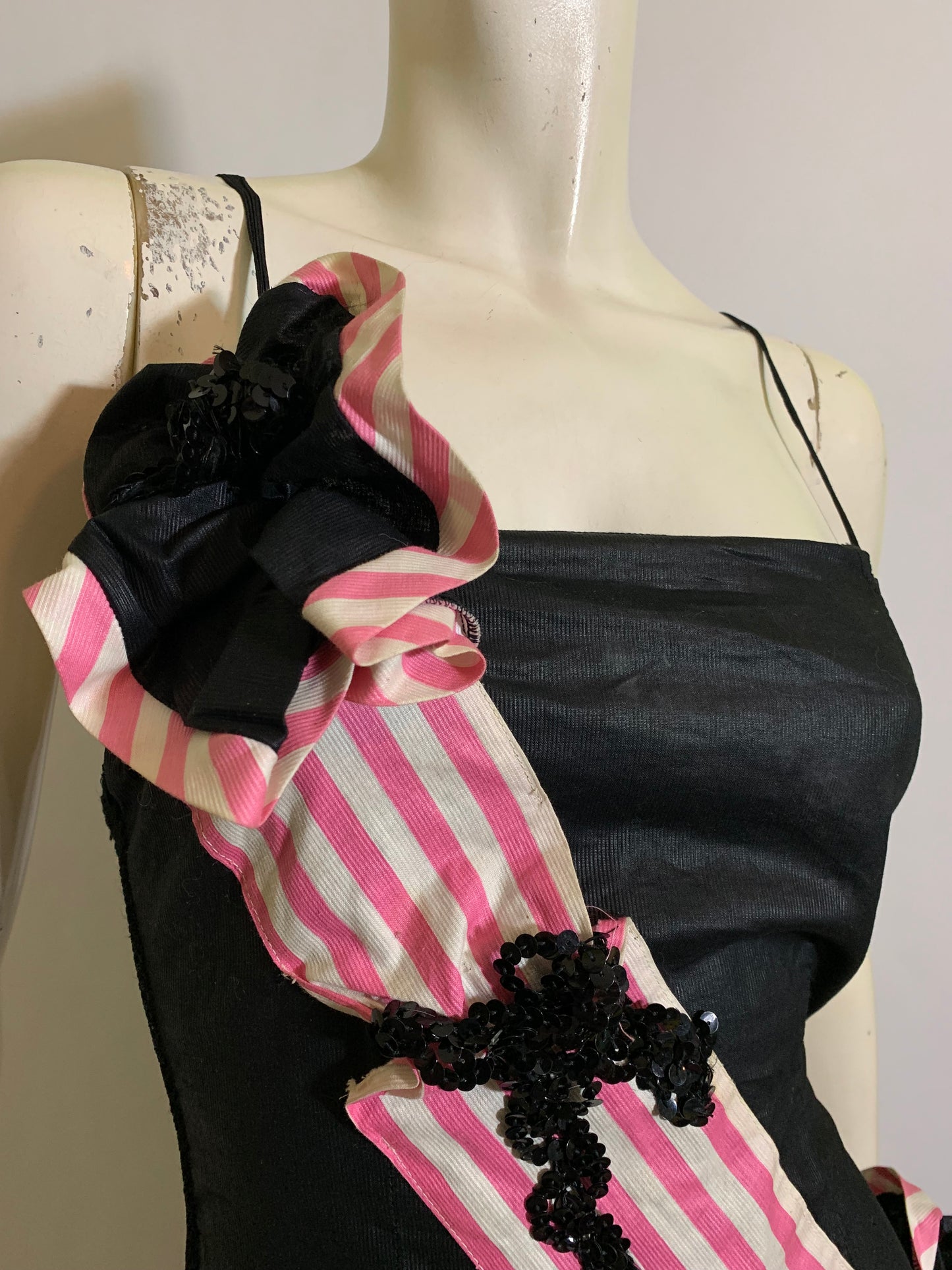 Black and Pink Striped Sash Leotard Stage Costume with Tilt Hat circa 1940s