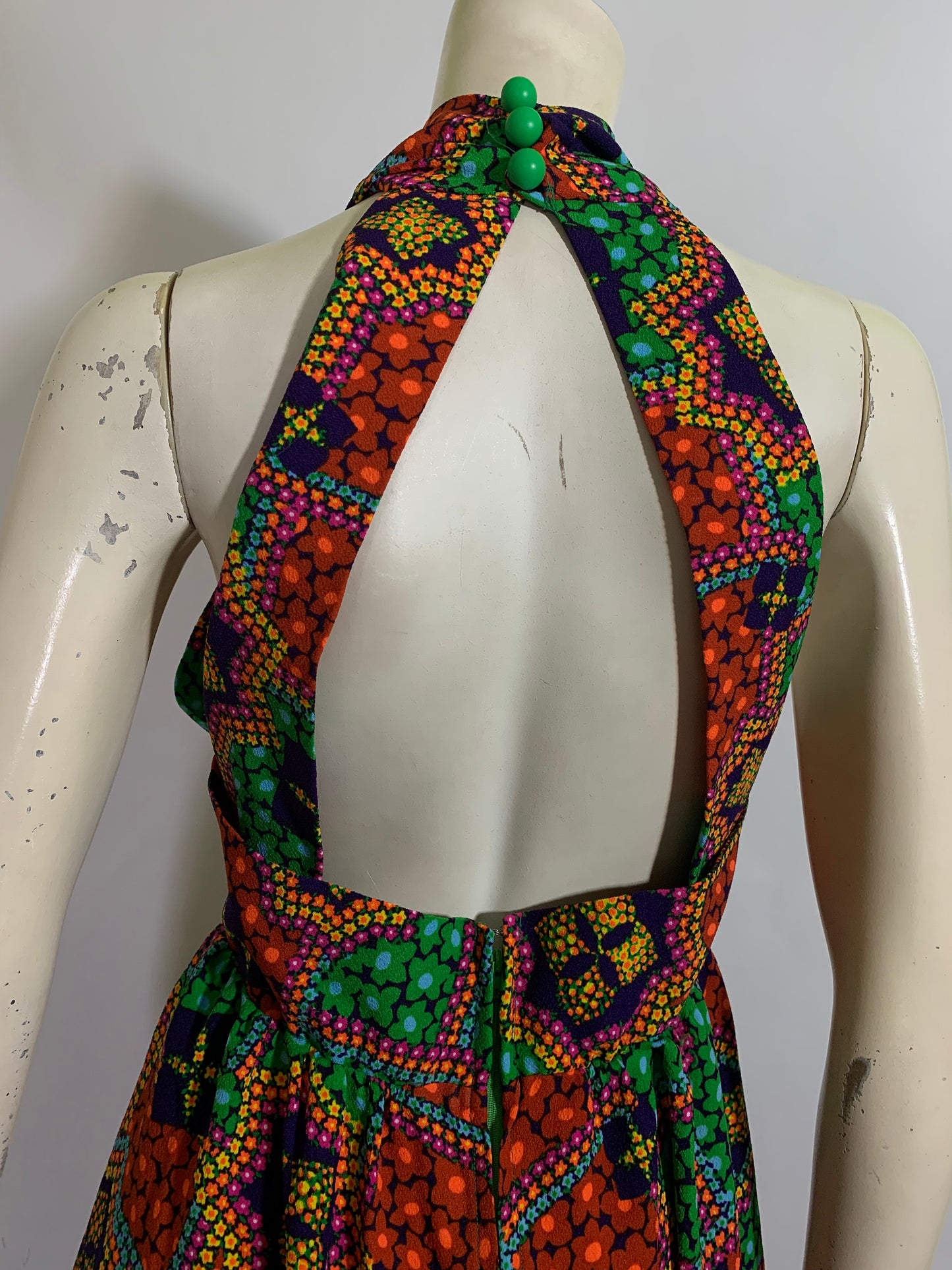 Twist Front Open Back Multicolored Maxi Dress circa 1970s