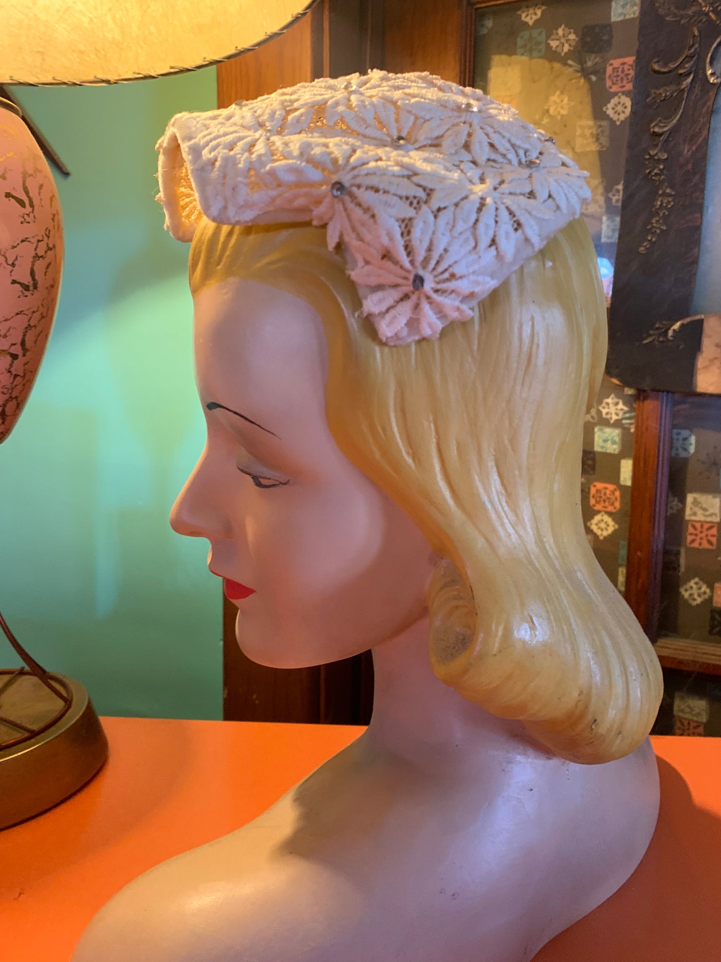 Wintry White Lace Cocktail Hat with Rhinestones circa 1950s