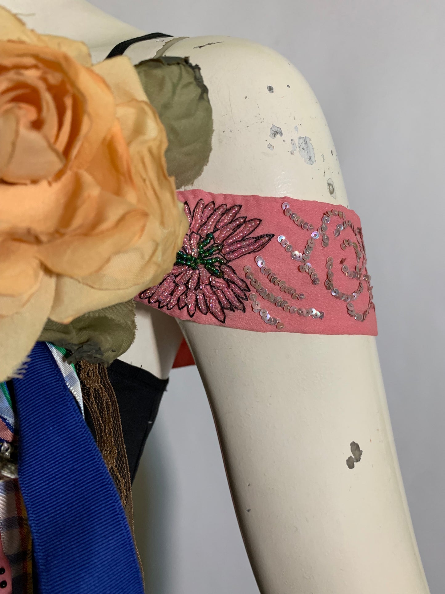 Pageant Girl Black Reimagined Slip Dress with Vintage Millinery, Lace and Ribbons