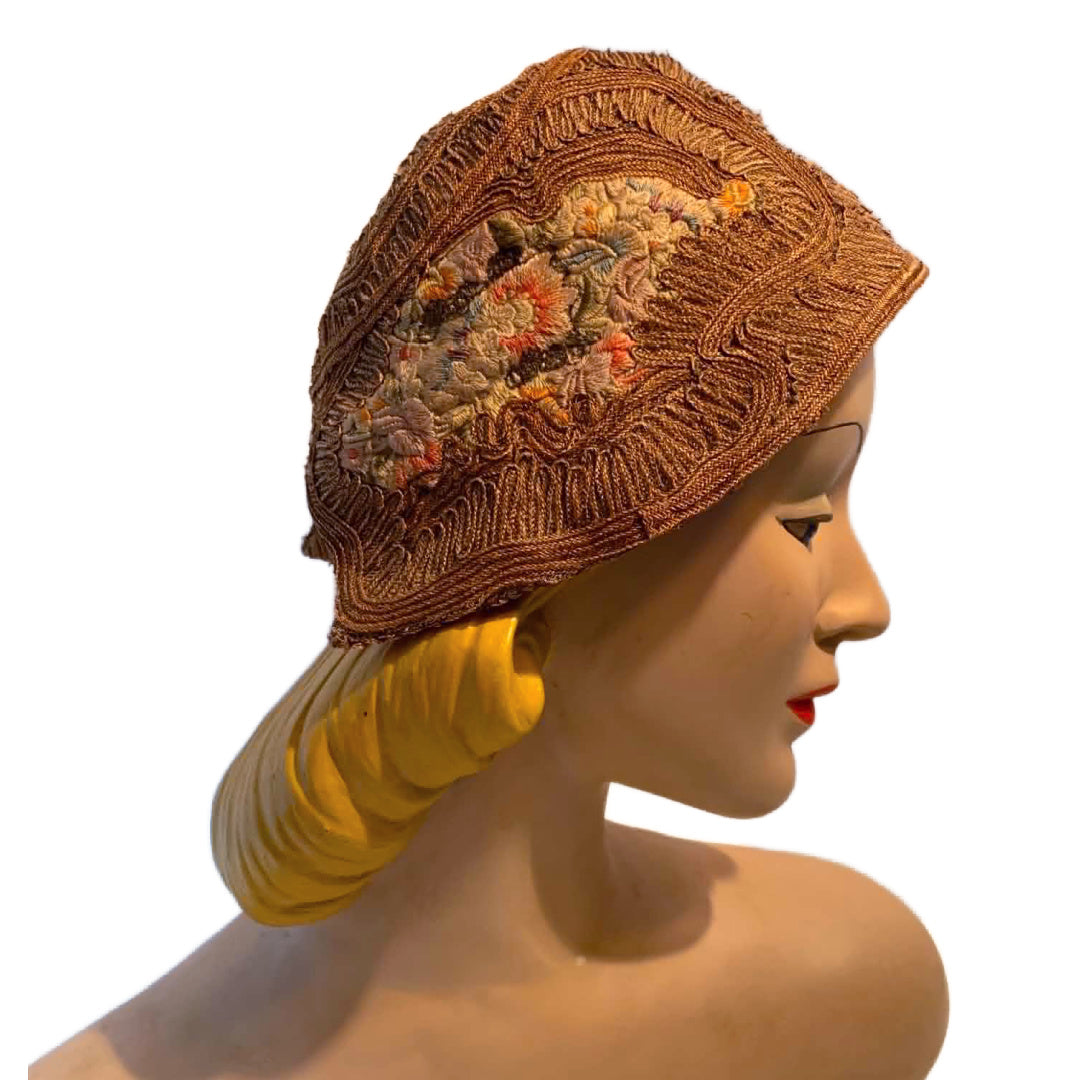 Pastel Flower Embroidered Natural Sisal Cloche Hat circa 1920s