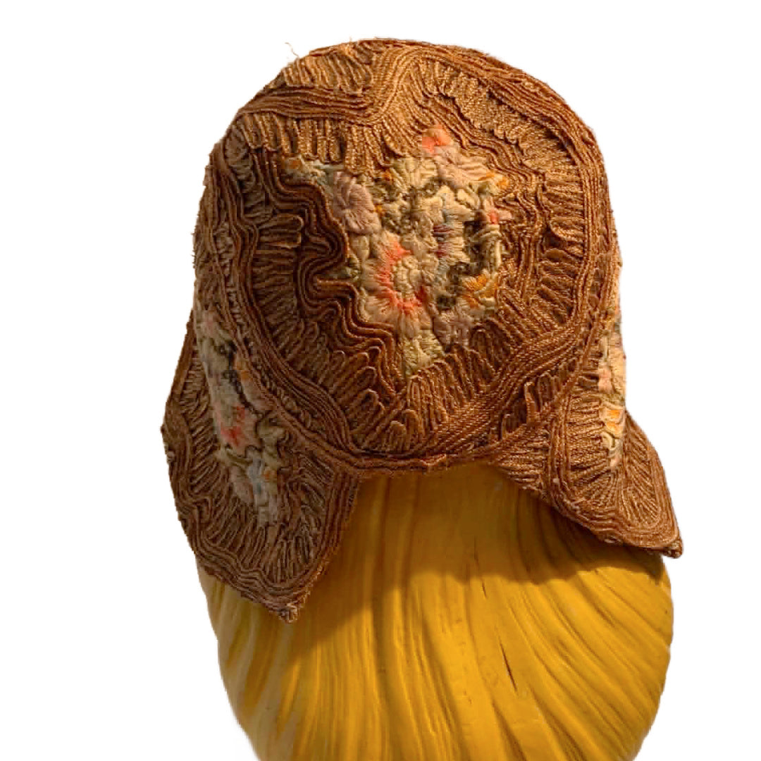 Pastel Flower Embroidered Natural Sisal Cloche Hat circa 1920s