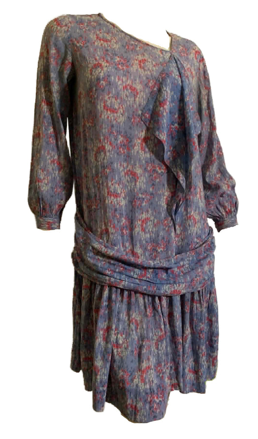 Lavender and Pink Abstract Print Dropped Waist Dress circa 1920s