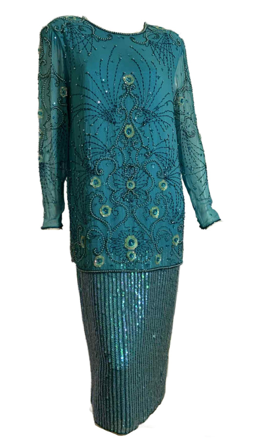 Turquoise Silk 1920s Inspired Sequined and Beaded Dress circa 1980s