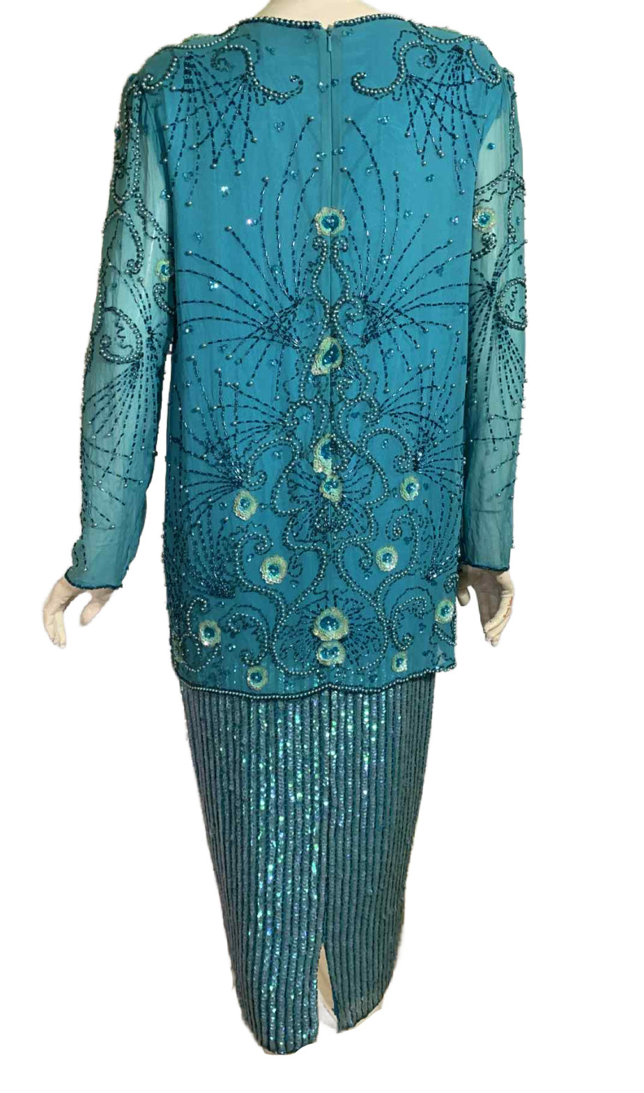 Turquoise Silk 1920s Inspired Sequined and Beaded Dress circa 1980s