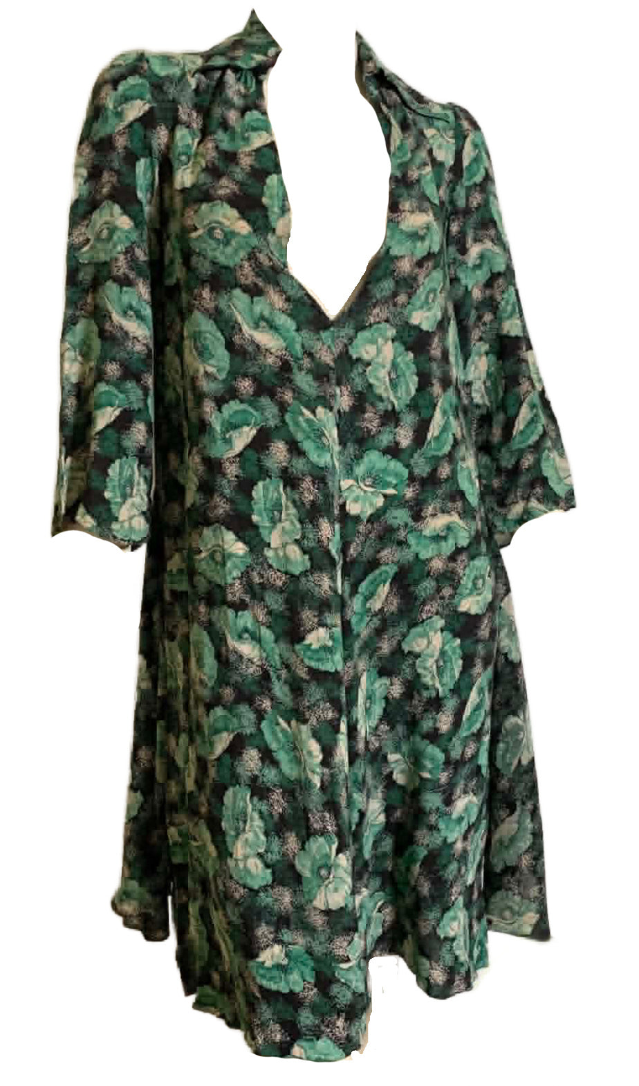 Teal and Black Floral Print Dropped Waist Dress circa 1920s