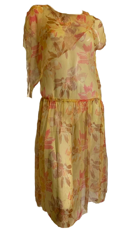 Sheer Silk Chiffon Vivid Yellow and Orange Floral Print Dress circa 1920s